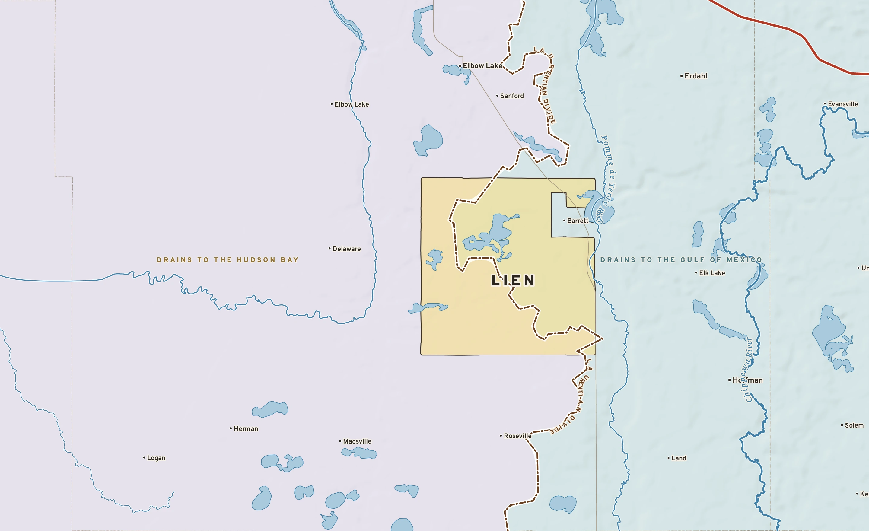 Shaded-relief atlas plate of Lien, Minnesota: rivers, roads, the city limits and where the water drains.