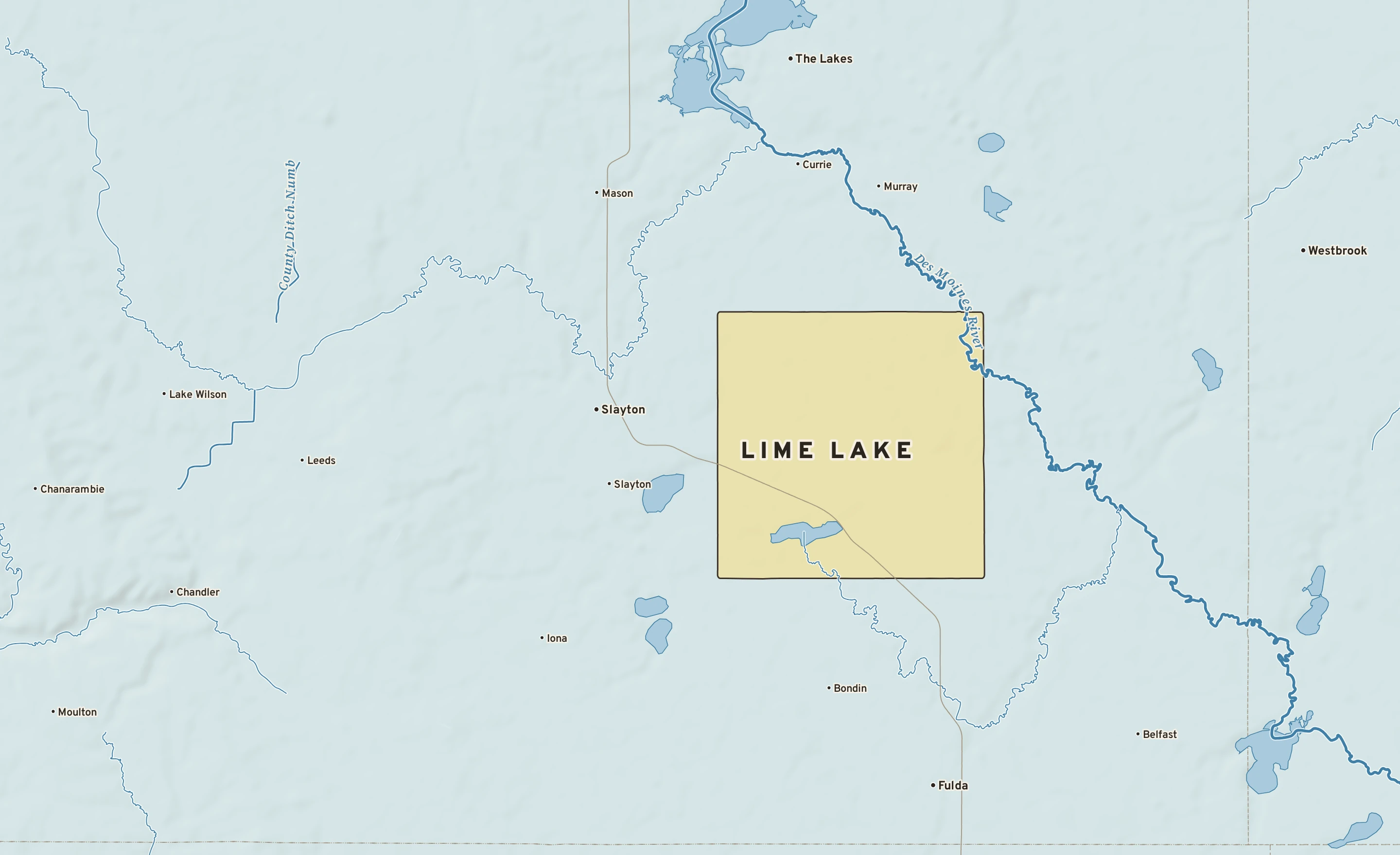 Shaded-relief atlas plate of Lime Lake, Minnesota: rivers, roads, the city limits and where the water drains.