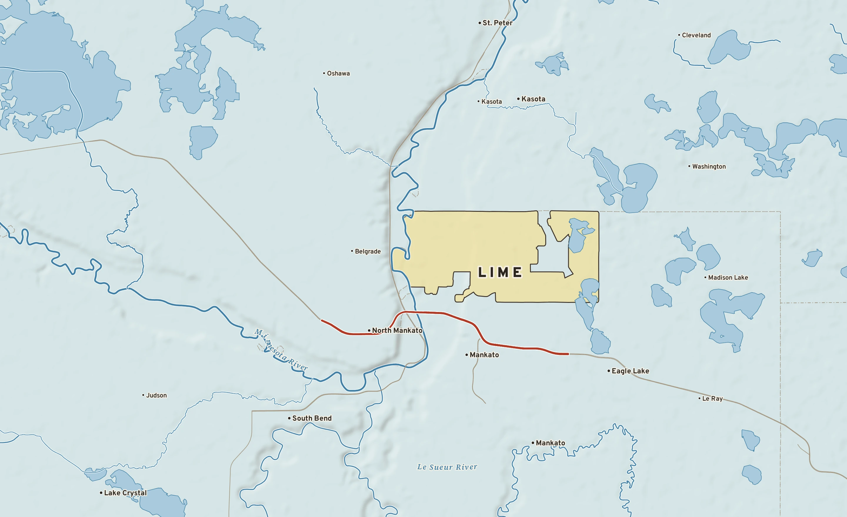 Shaded-relief atlas plate of Lime, Minnesota: rivers, roads, the city limits and where the water drains.
