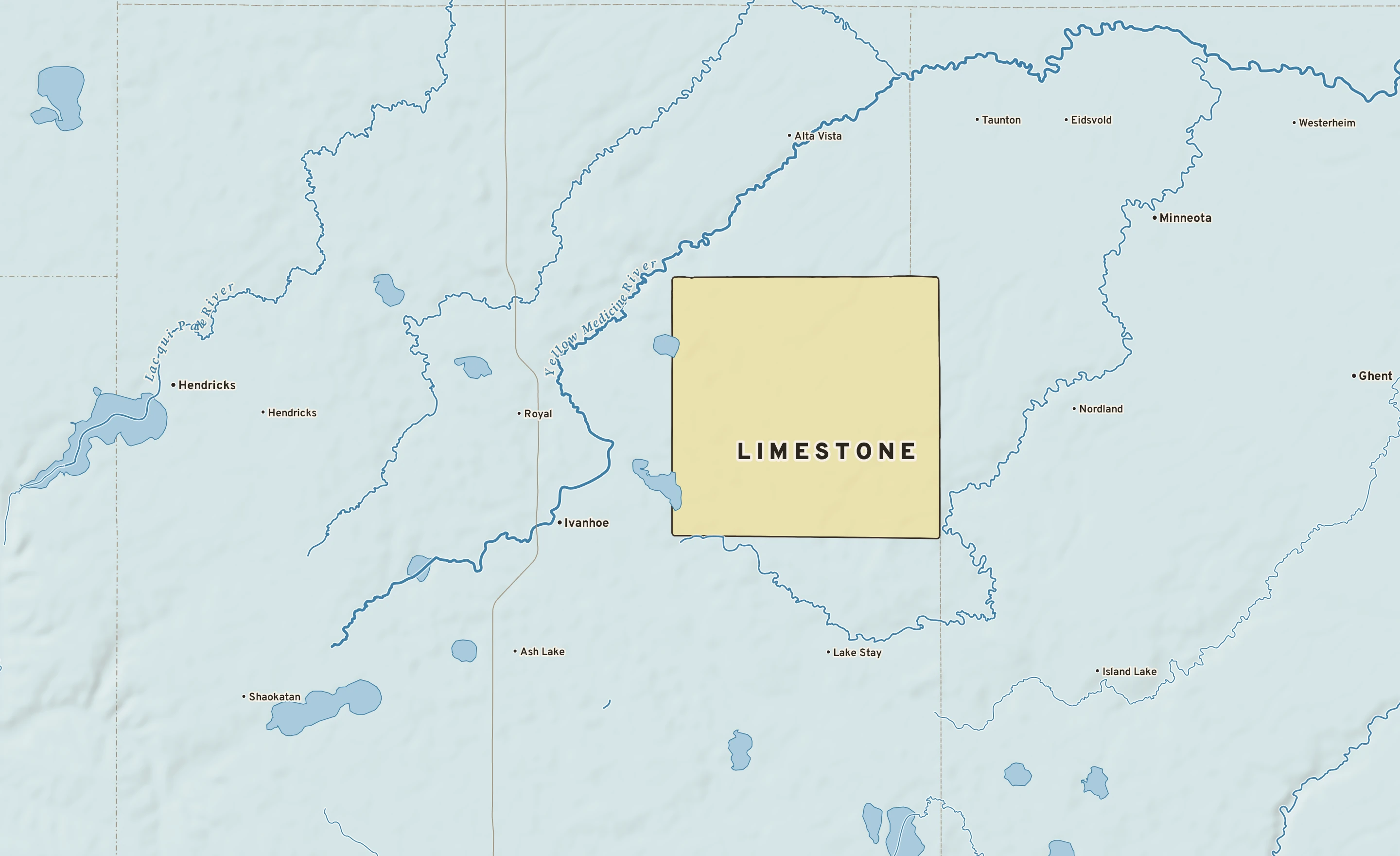 Shaded-relief atlas plate of Limestone, Minnesota: rivers, roads, the city limits and where the water drains.