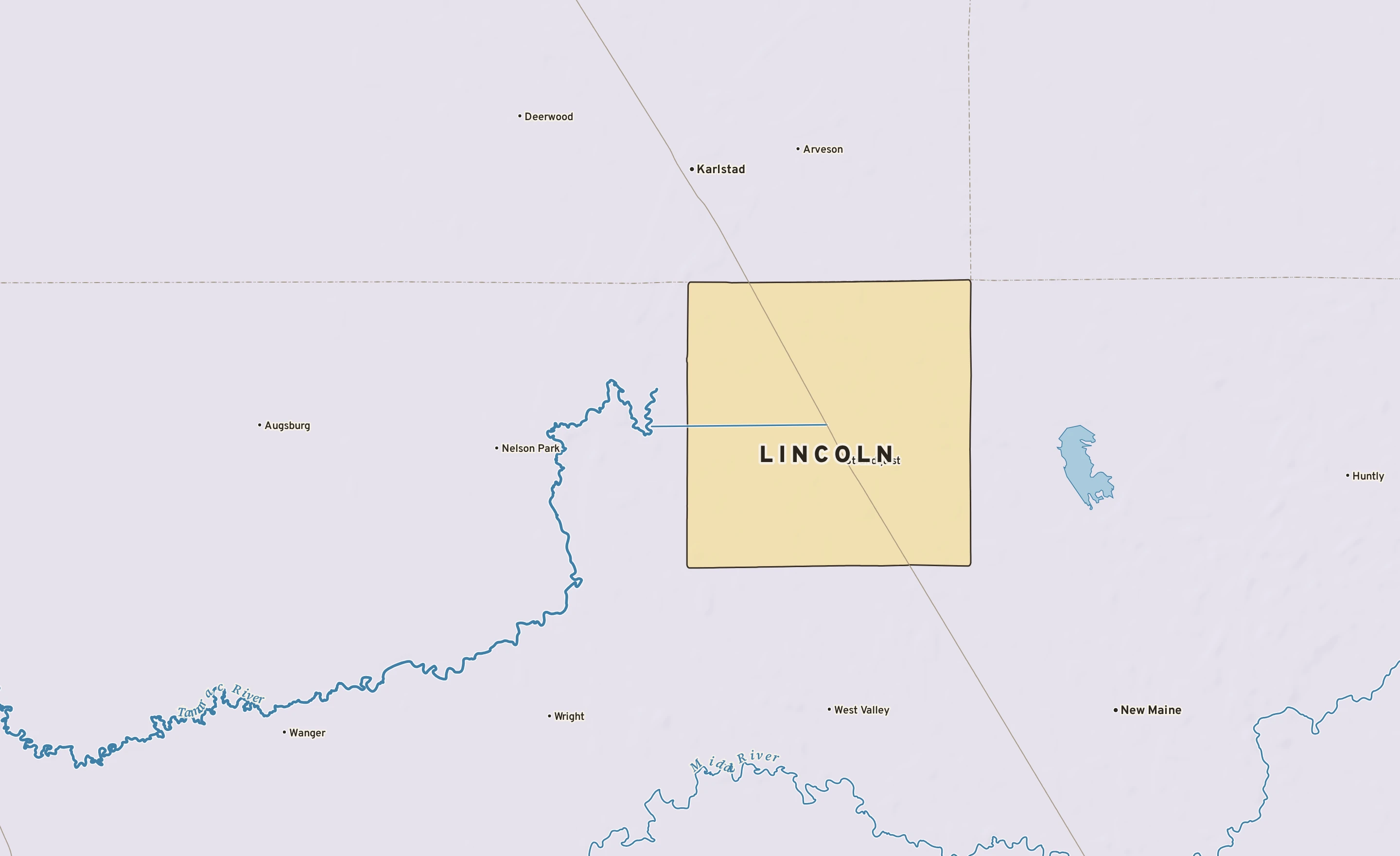Shaded-relief atlas plate of Lincoln, Minnesota: rivers, roads, the city limits and where the water drains.