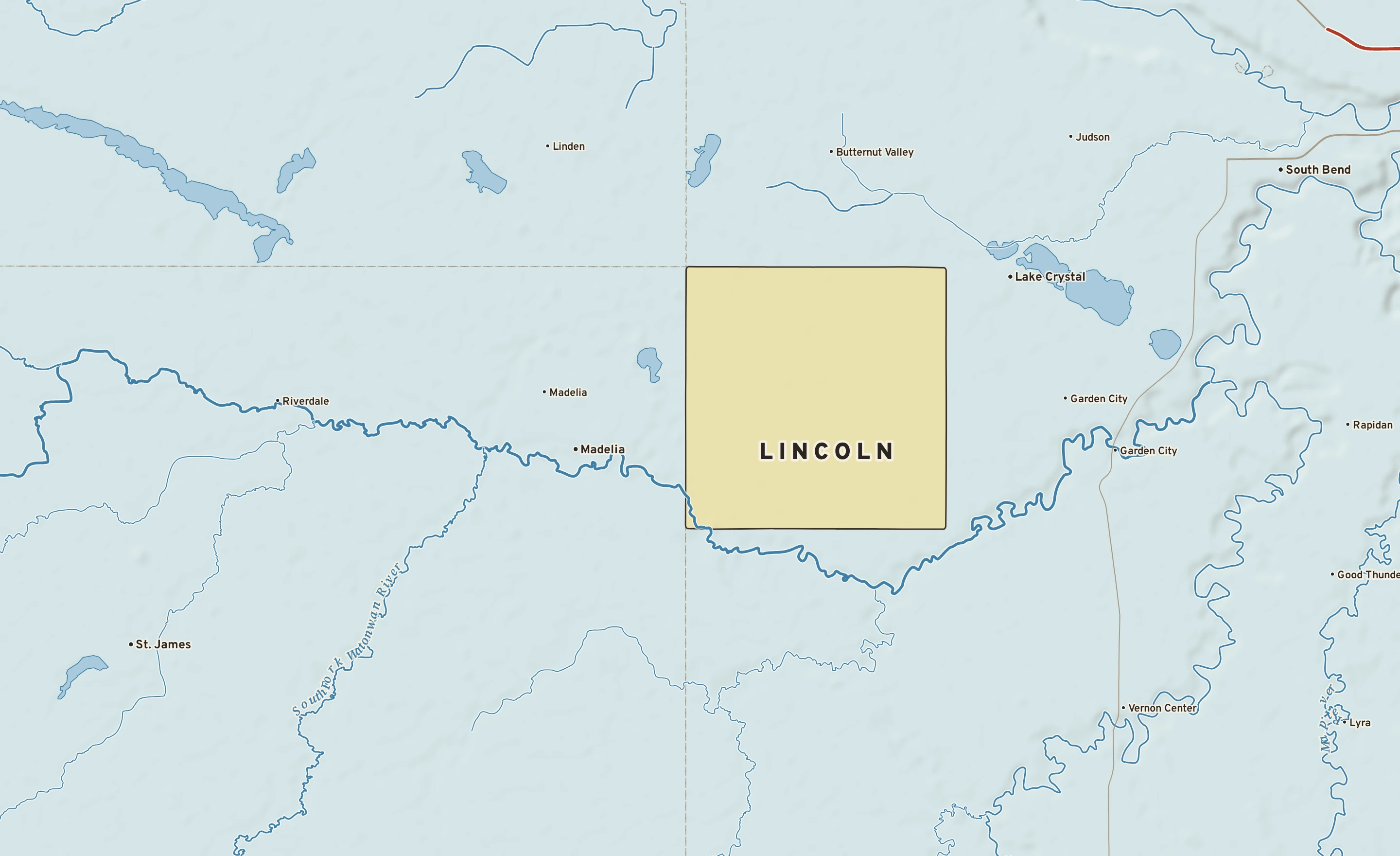 Shaded-relief atlas plate of Lincoln, Minnesota: rivers, roads, the city limits and where the water drains.