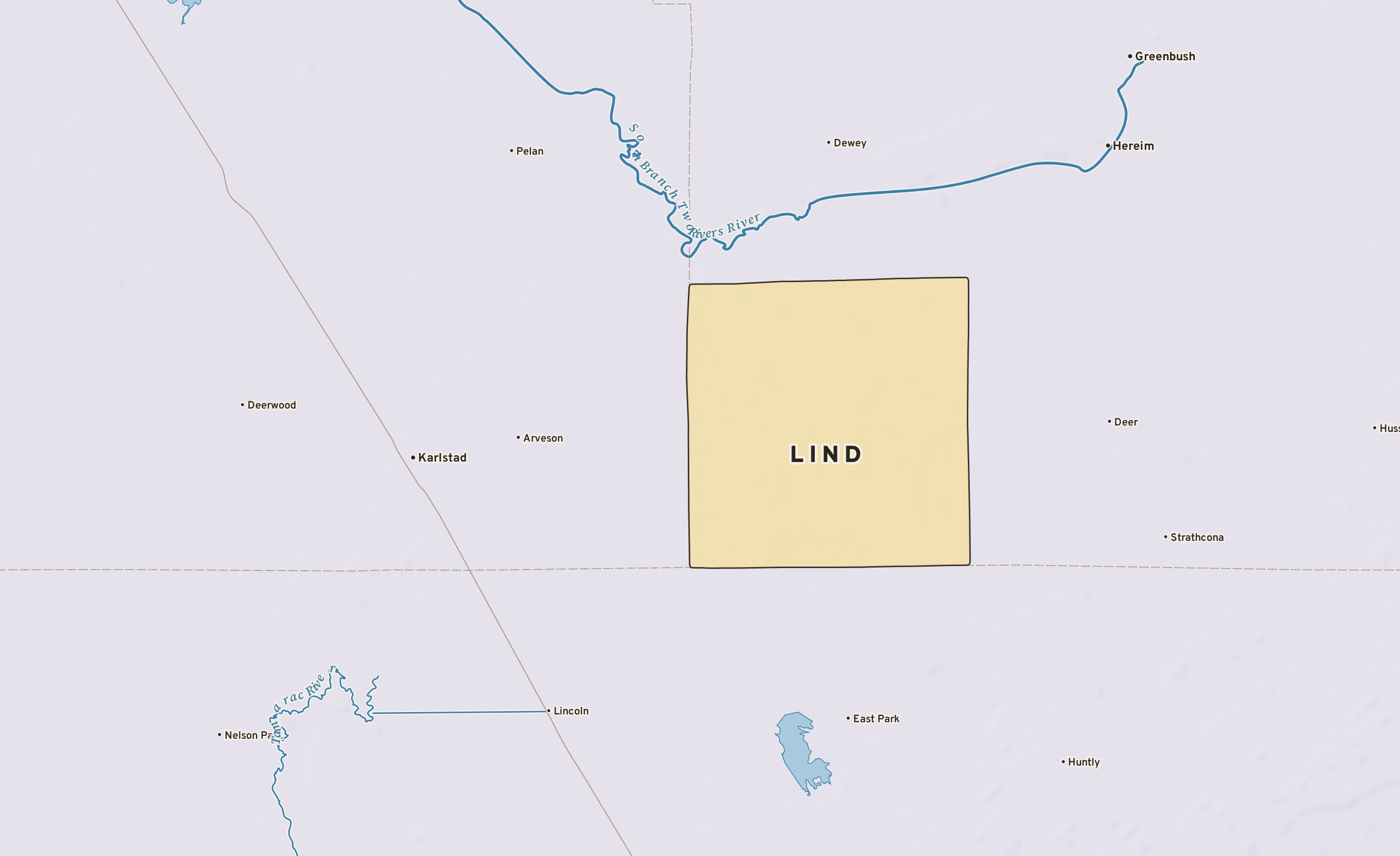 Shaded-relief atlas plate of Lind, Minnesota: rivers, roads, the city limits and where the water drains.
