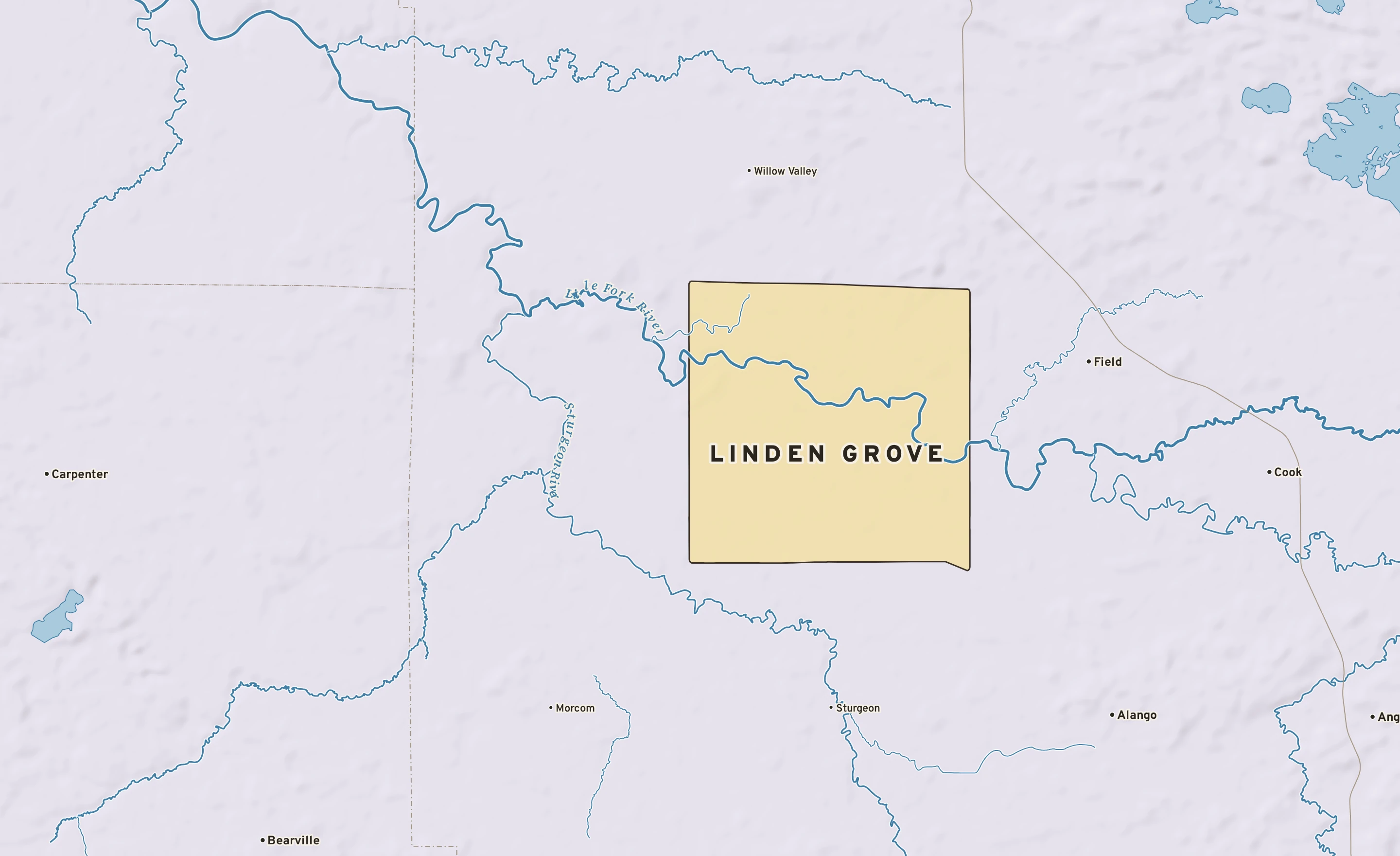 Shaded-relief atlas plate of Linden Grove, Minnesota: rivers, roads, the city limits and where the water drains.