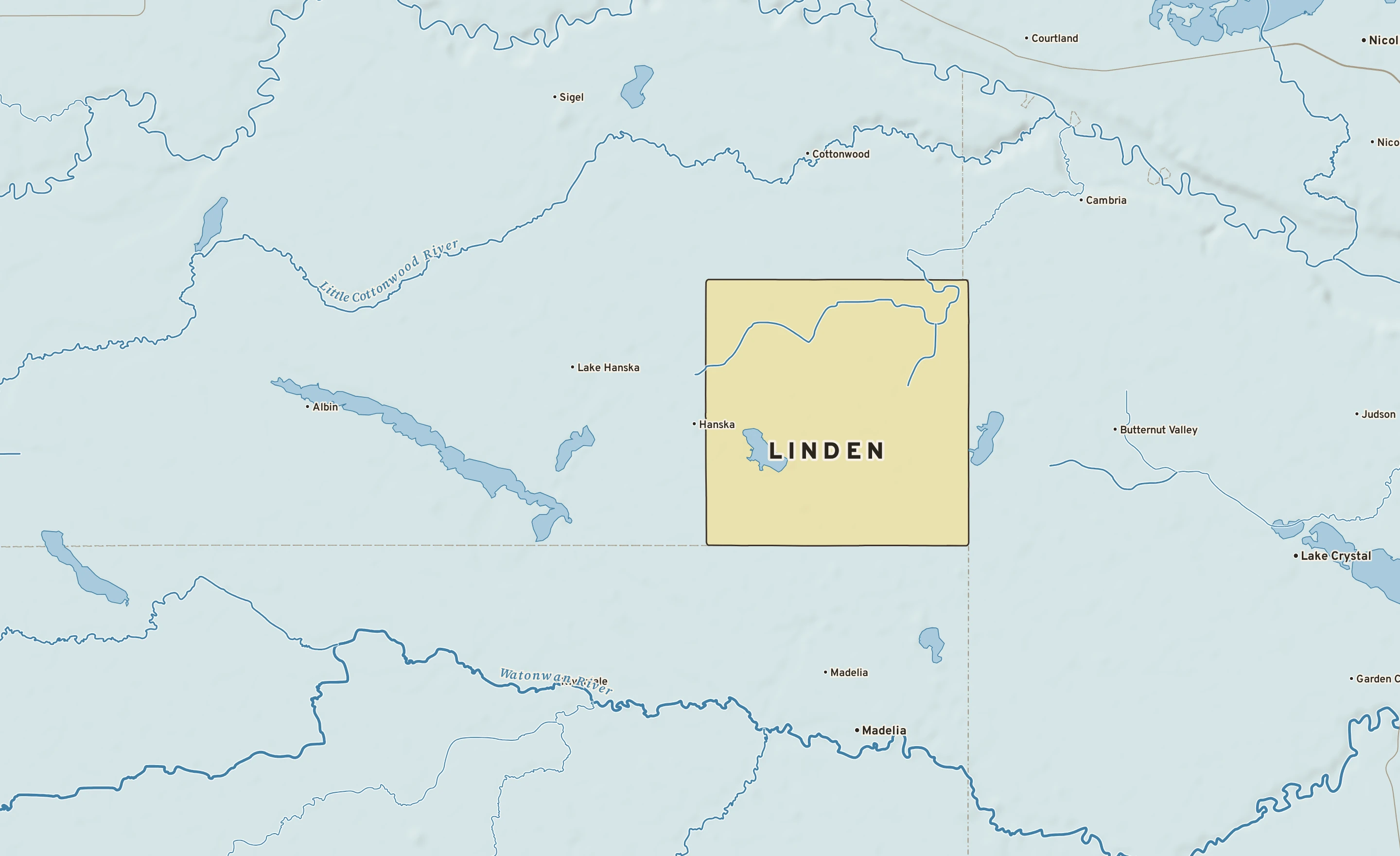 Shaded-relief atlas plate of Linden, Minnesota: rivers, roads, the city limits and where the water drains.