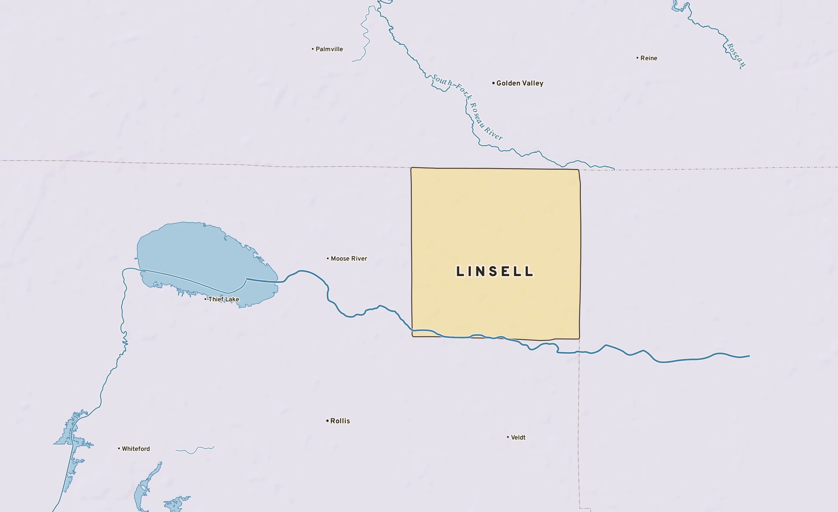 Shaded-relief atlas plate of Linsell, Minnesota: rivers, roads, the city limits and where the water drains.