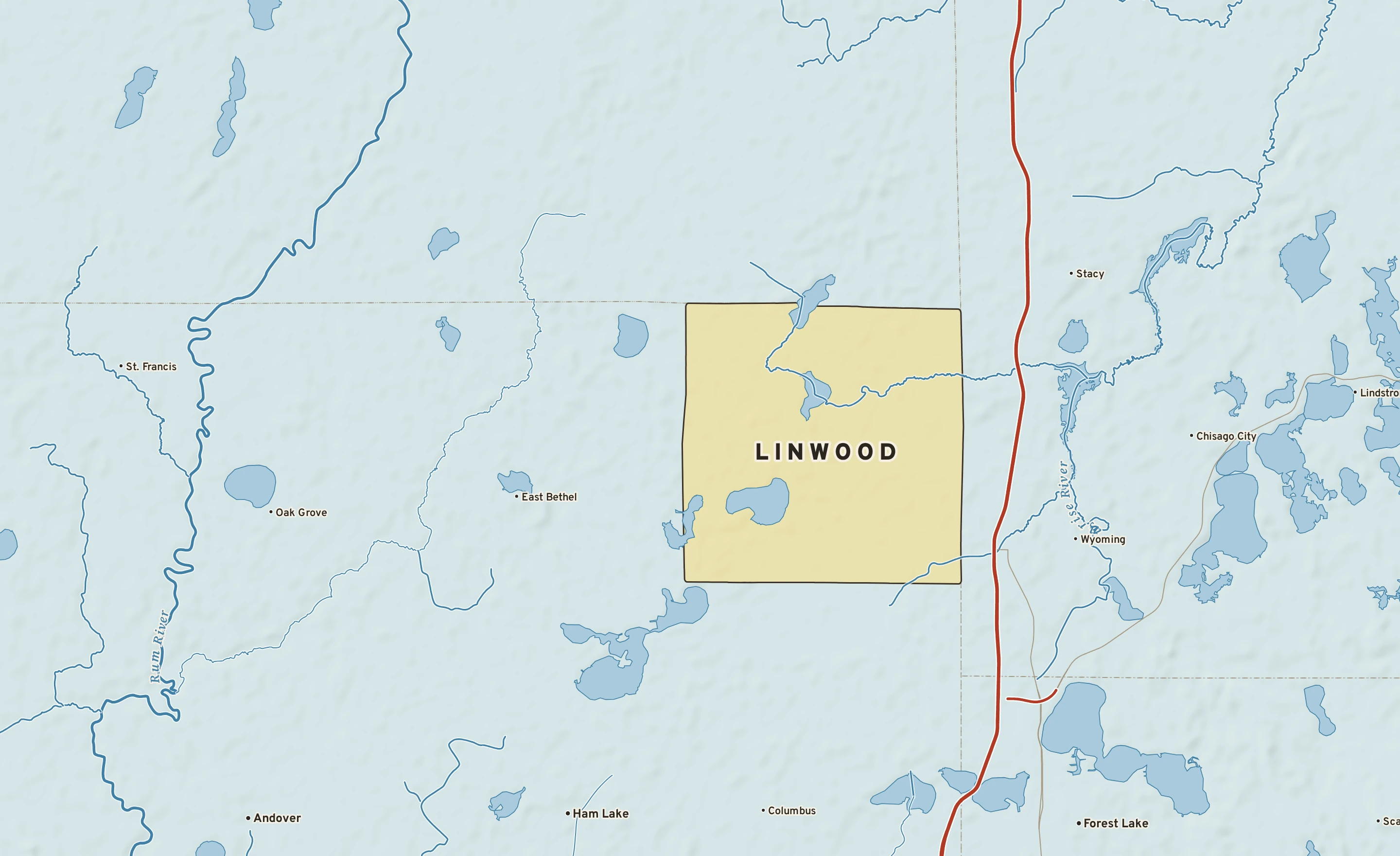 Shaded-relief atlas plate of Linwood, Minnesota: rivers, roads, the city limits and where the water drains.