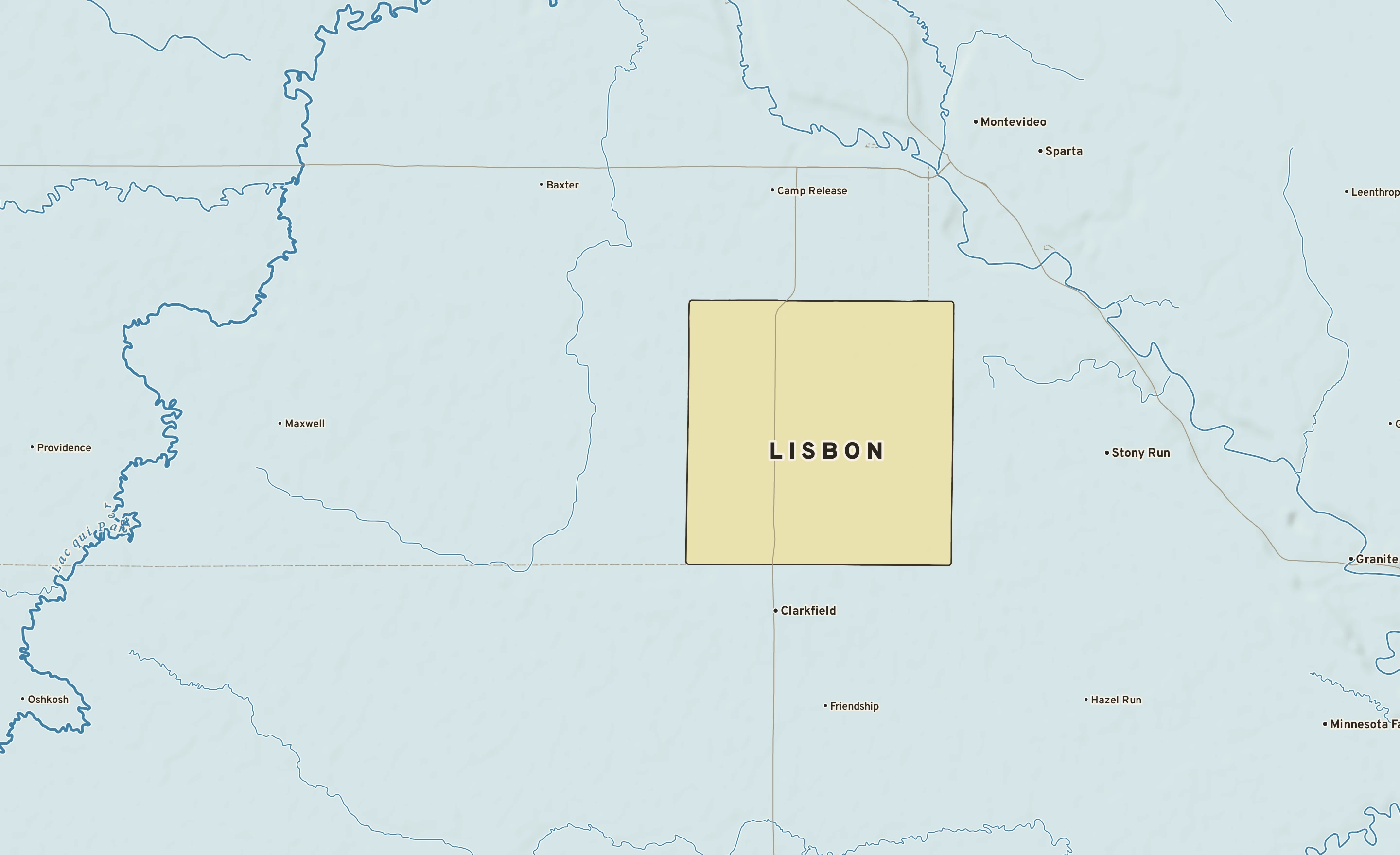 Shaded-relief atlas plate of Lisbon, Minnesota: rivers, roads, the city limits and where the water drains.