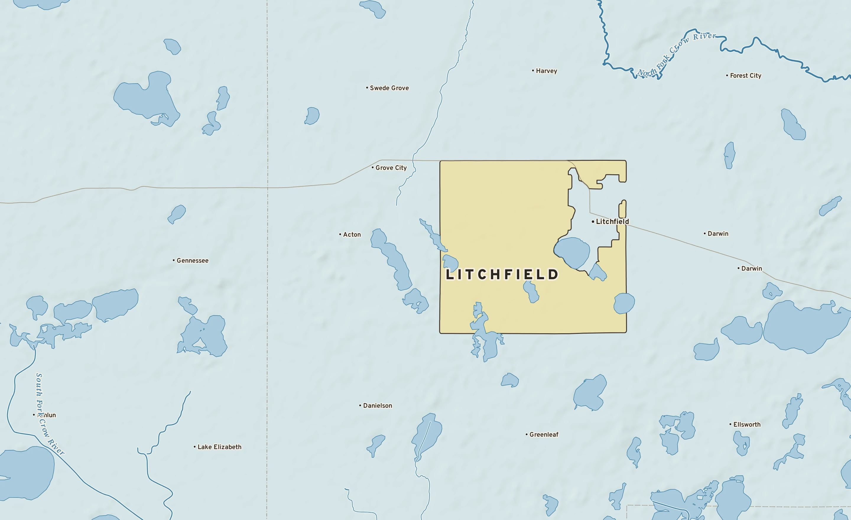 Shaded-relief atlas plate of Litchfield, Minnesota: rivers, roads, the city limits and where the water drains.