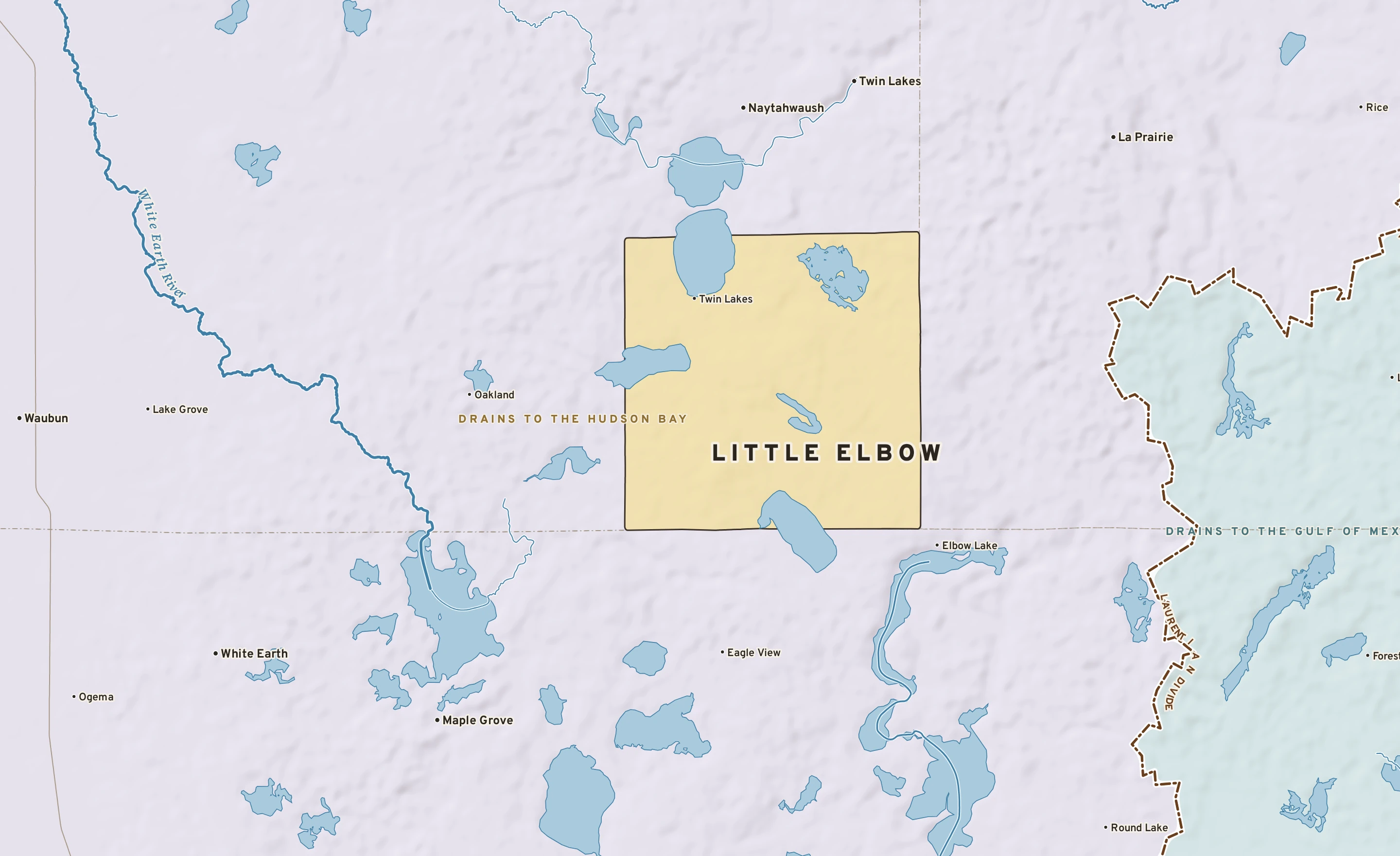 Shaded-relief atlas plate of Little Elbow, Minnesota: rivers, roads, the city limits and where the water drains.
