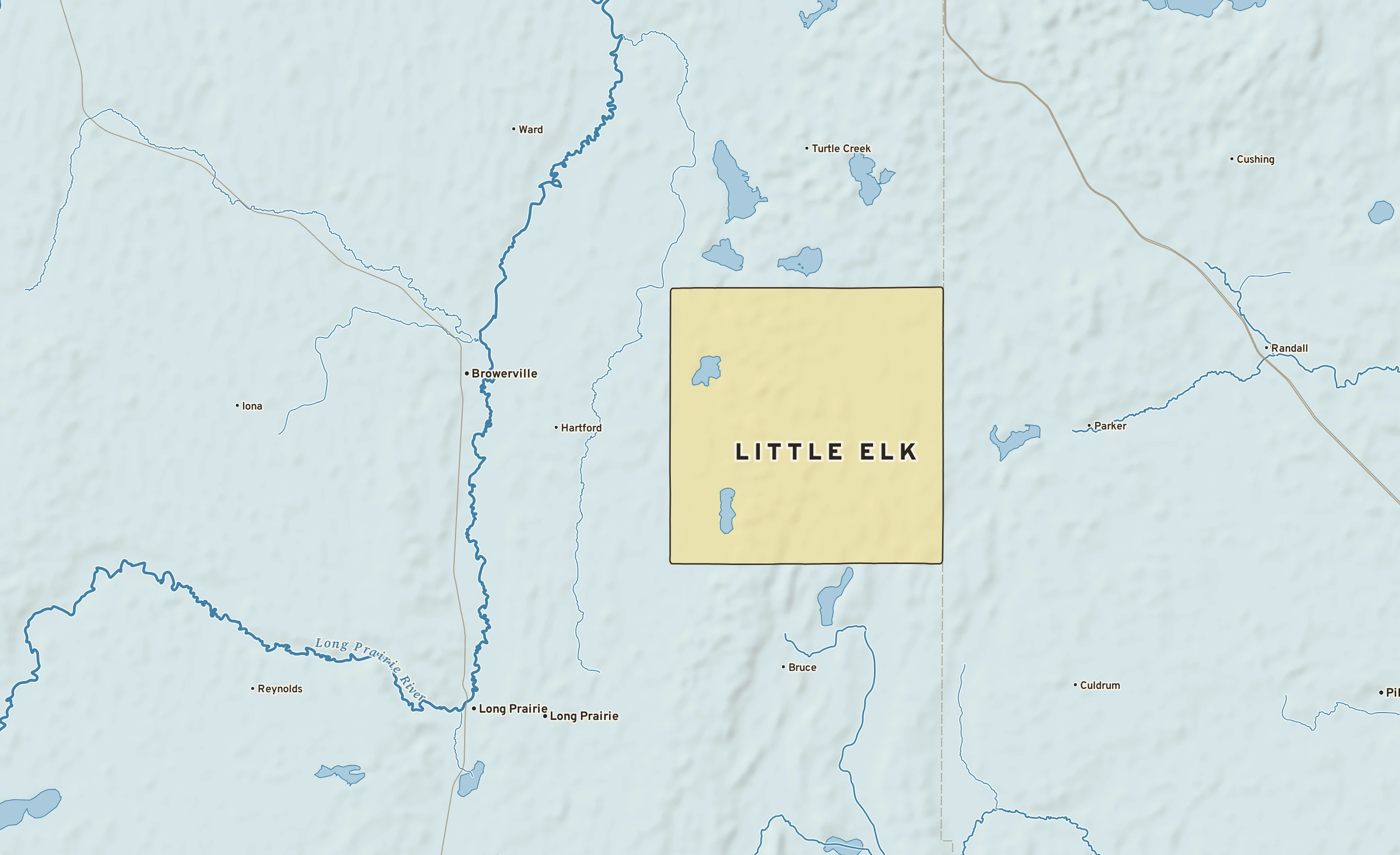 Shaded-relief atlas plate of Little Elk, Minnesota: rivers, roads, the city limits and where the water drains.