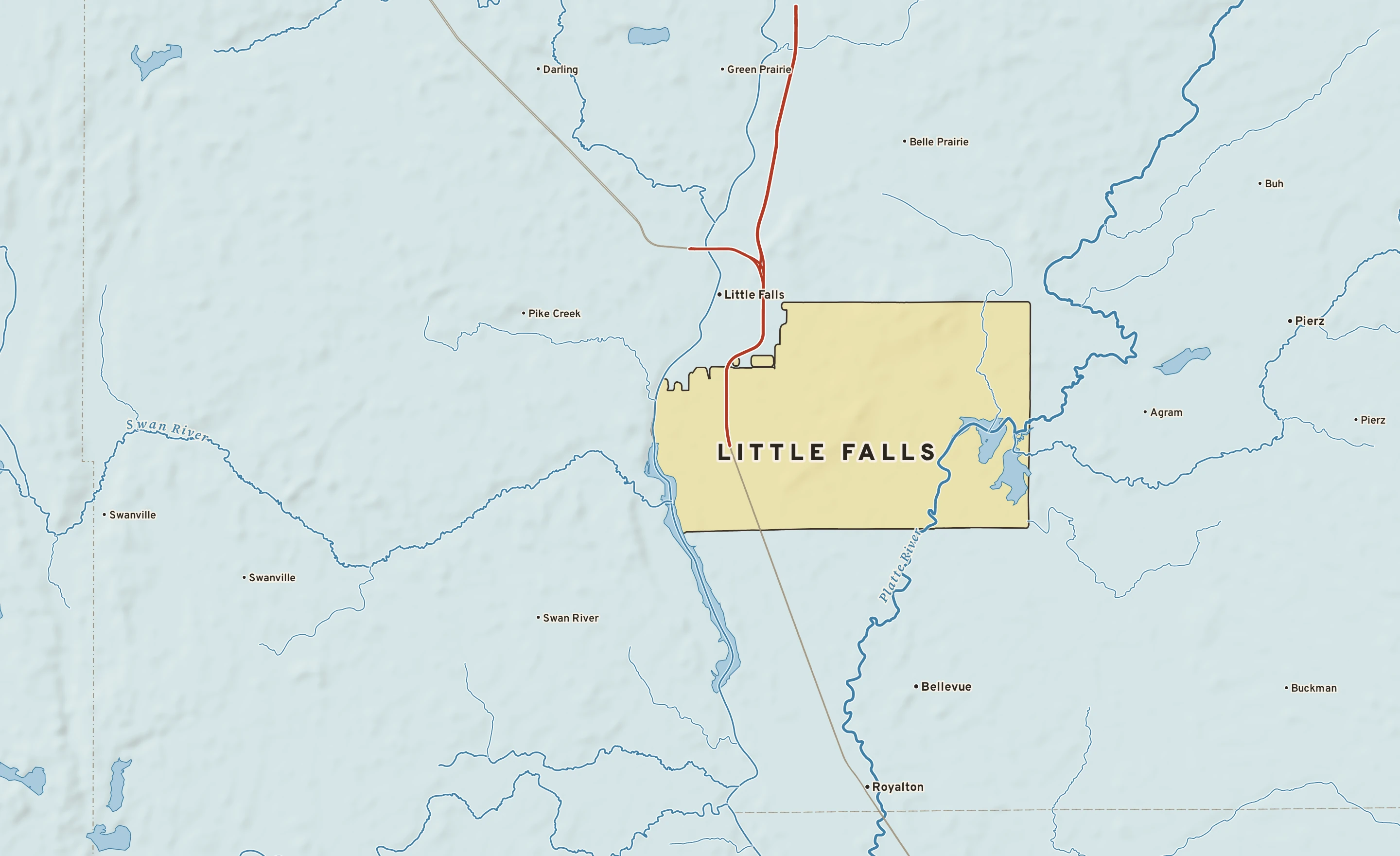 Shaded-relief atlas plate of Little Falls, Minnesota: rivers, roads, the city limits and where the water drains.