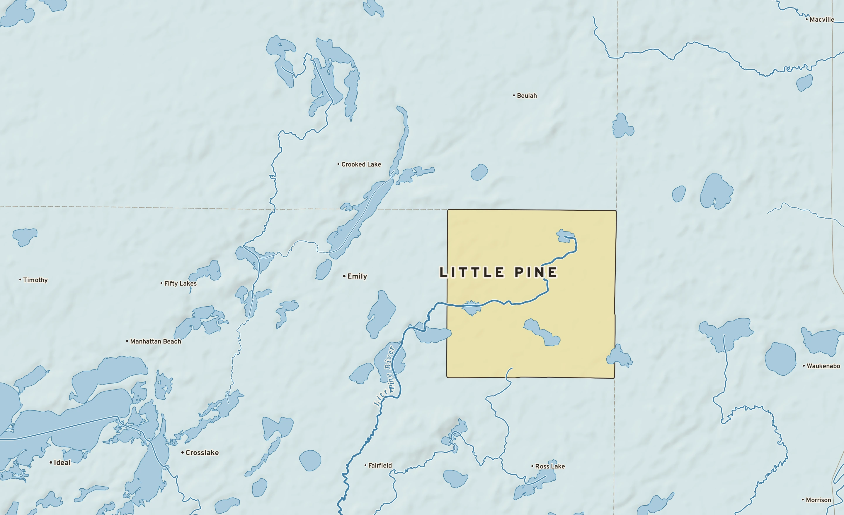 Shaded-relief atlas plate of Little Pine, Minnesota: rivers, roads, the city limits and where the water drains.