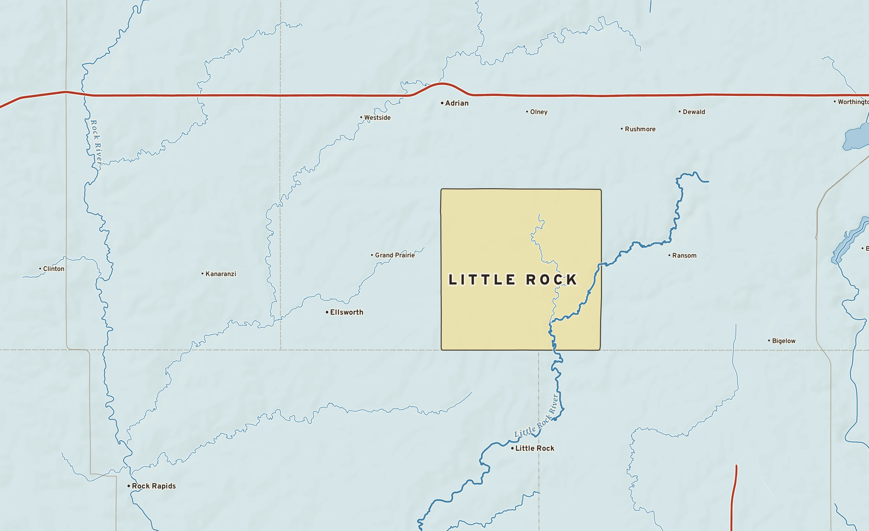 Shaded-relief atlas plate of Little Rock, Minnesota: rivers, roads, the city limits and where the water drains.