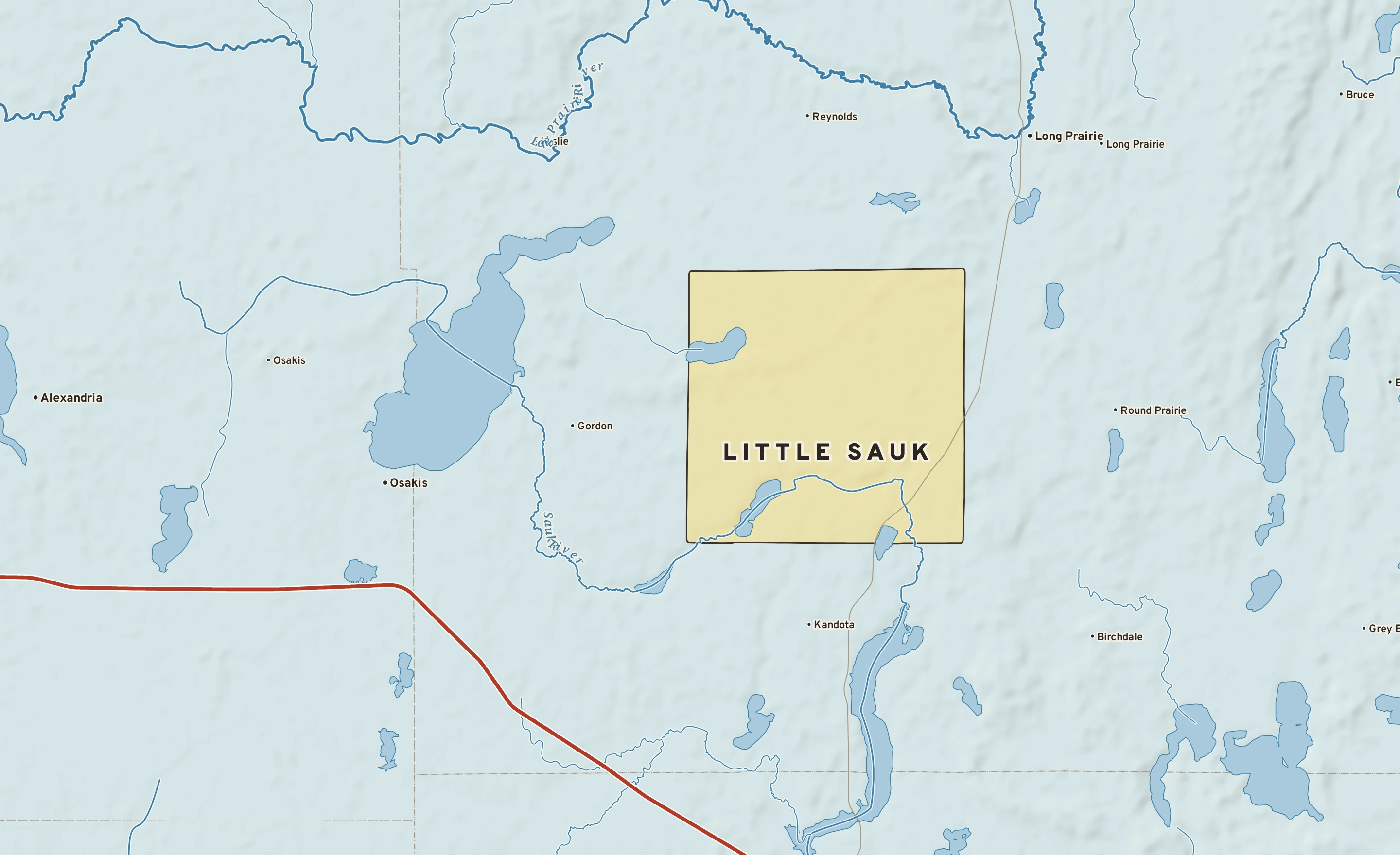 Shaded-relief atlas plate of Little Sauk, Minnesota: rivers, roads, the city limits and where the water drains.