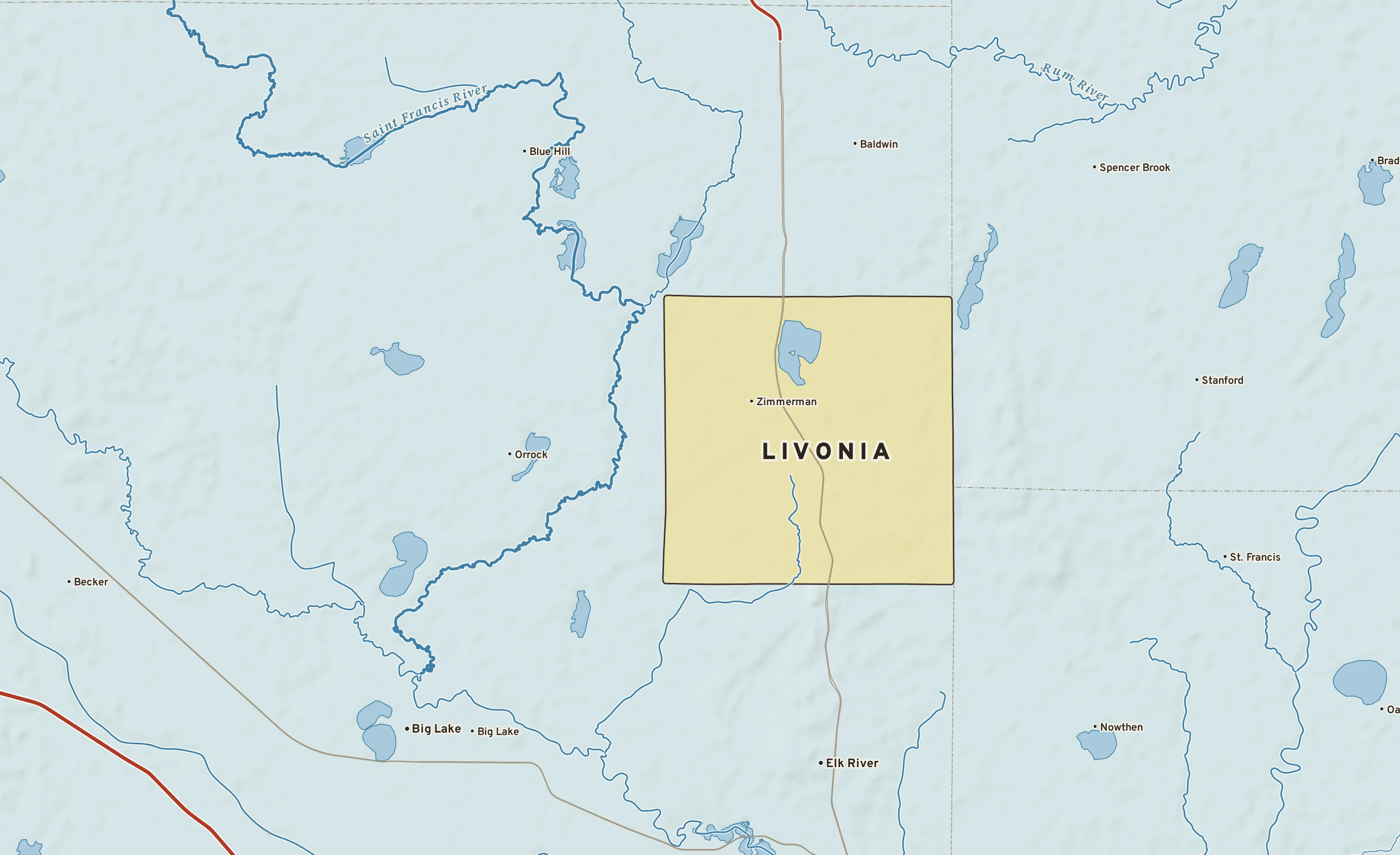 Shaded-relief atlas plate of Livonia, Minnesota: rivers, roads, the city limits and where the water drains.