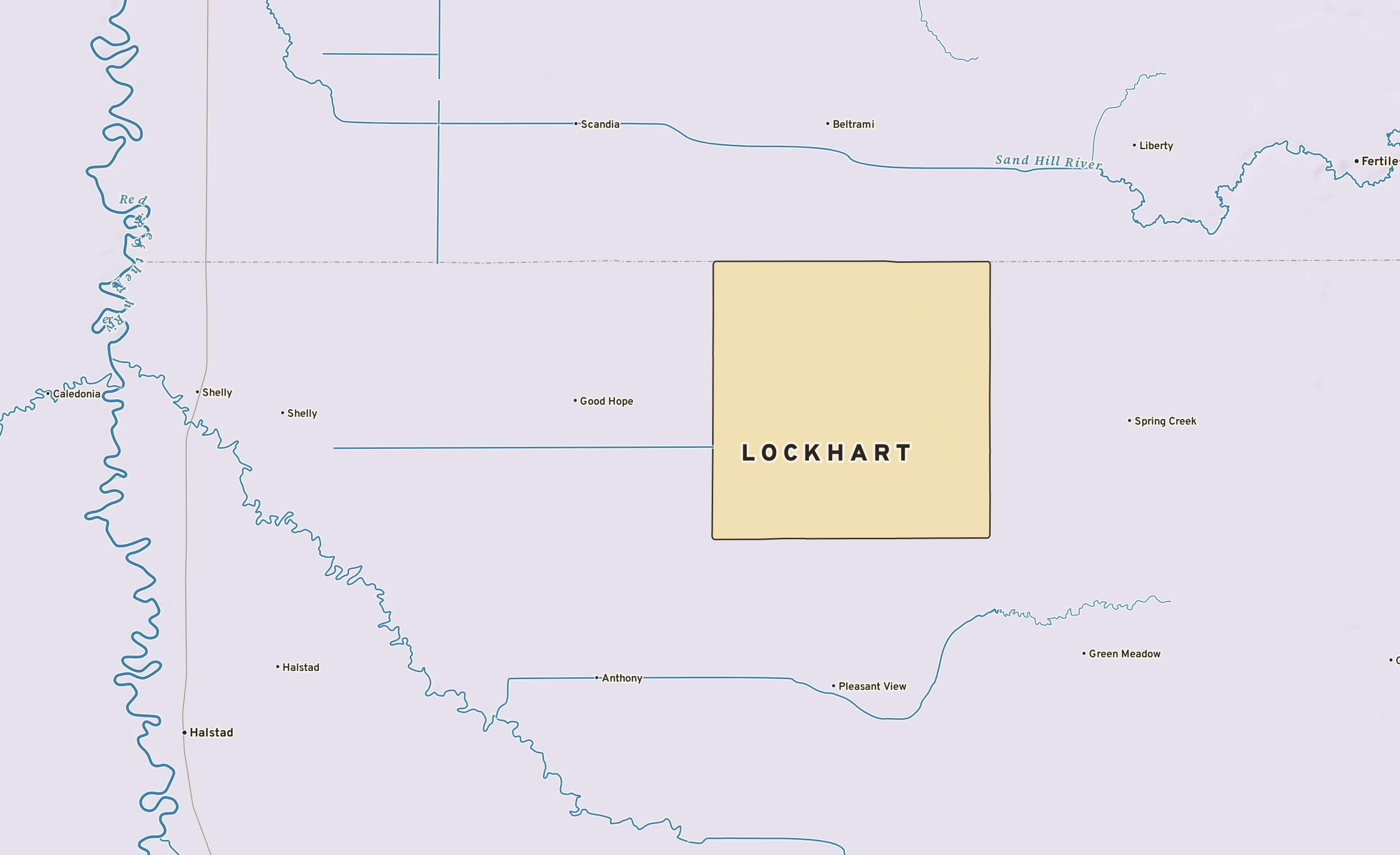 Shaded-relief atlas plate of Lockhart, Minnesota: rivers, roads, the city limits and where the water drains.