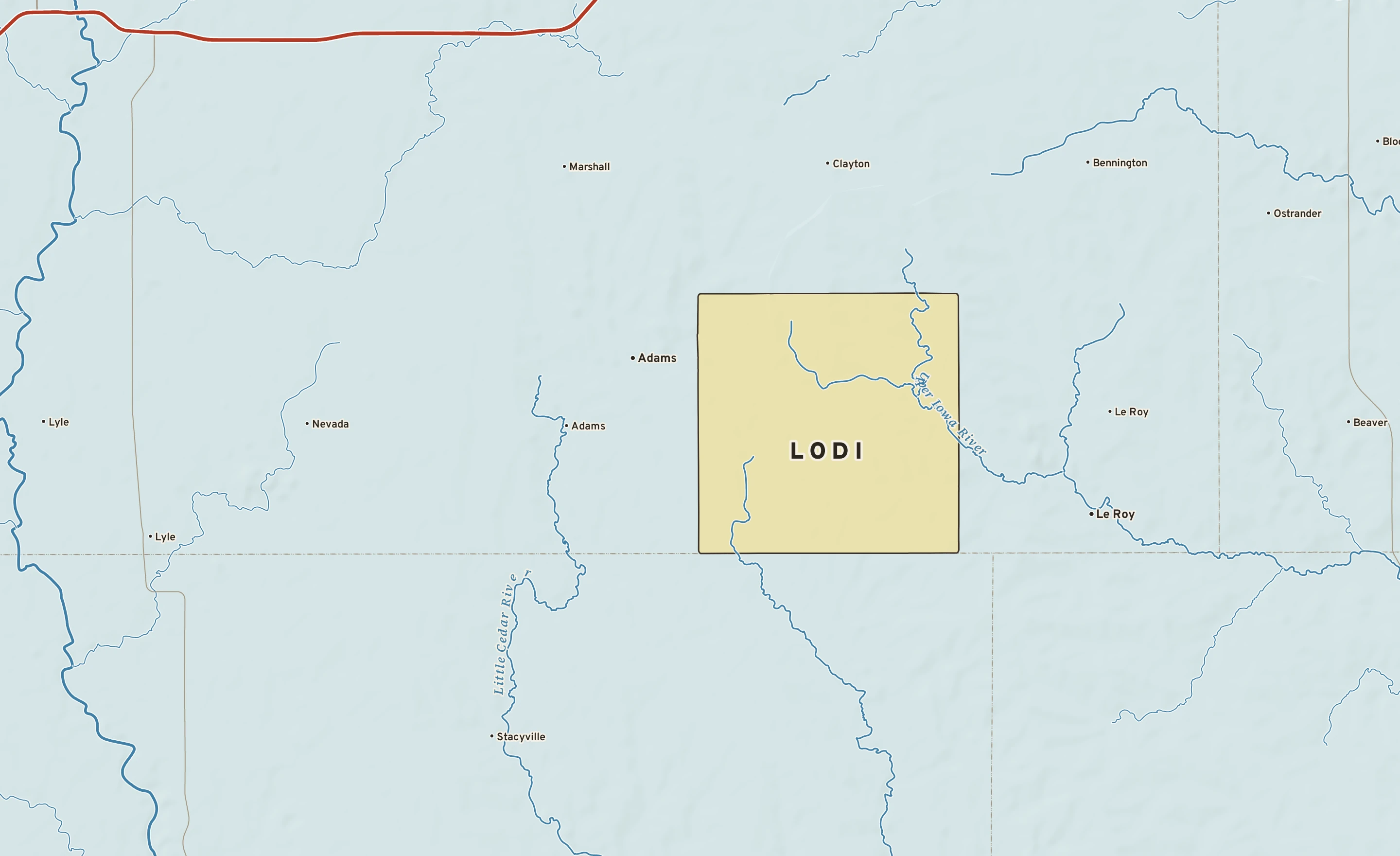 Shaded-relief atlas plate of Lodi, Minnesota: rivers, roads, the city limits and where the water drains.