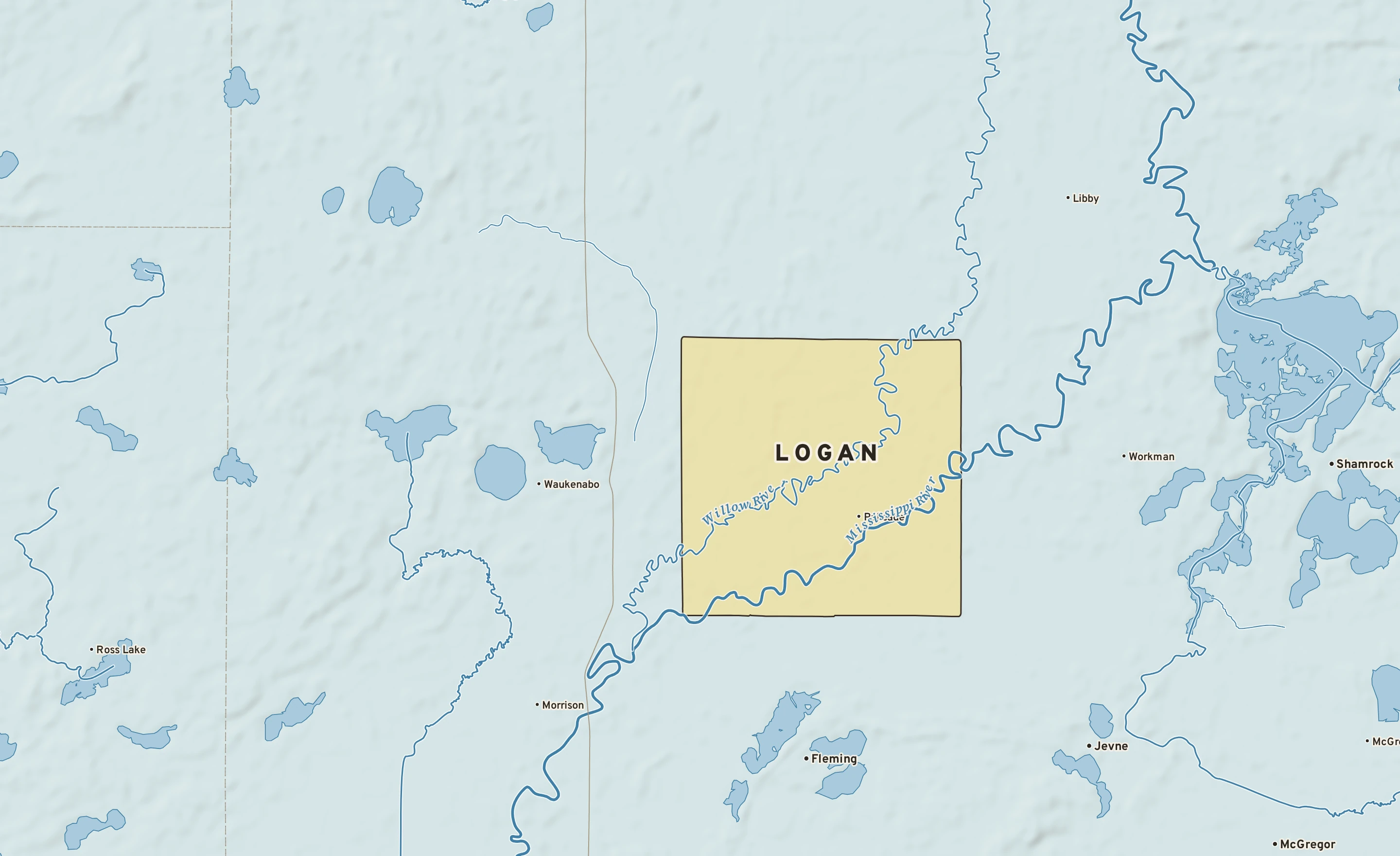 Shaded-relief atlas plate of Logan, Minnesota: rivers, roads, the city limits and where the water drains.