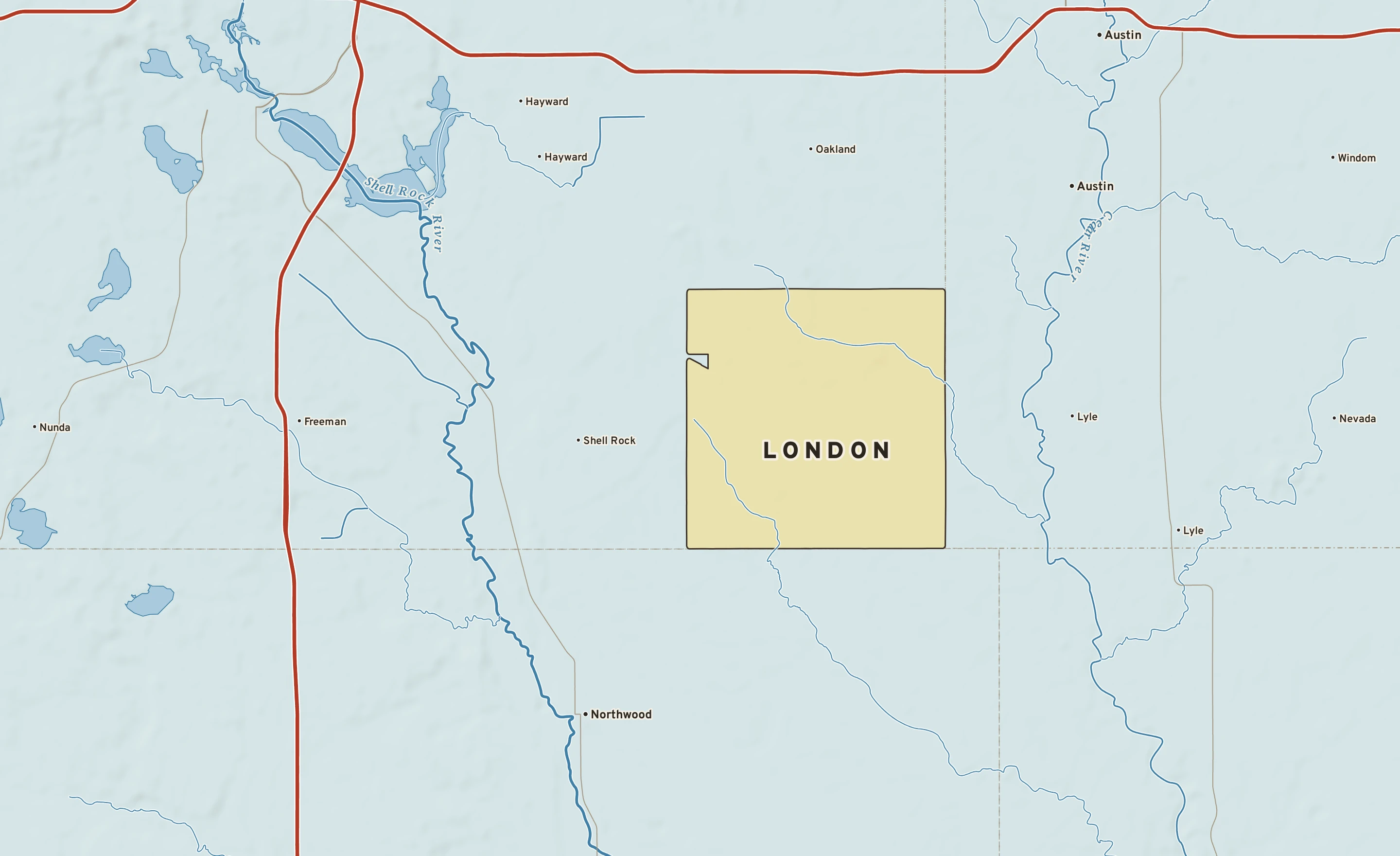 Shaded-relief atlas plate of London, Minnesota: rivers, roads, the city limits and where the water drains.