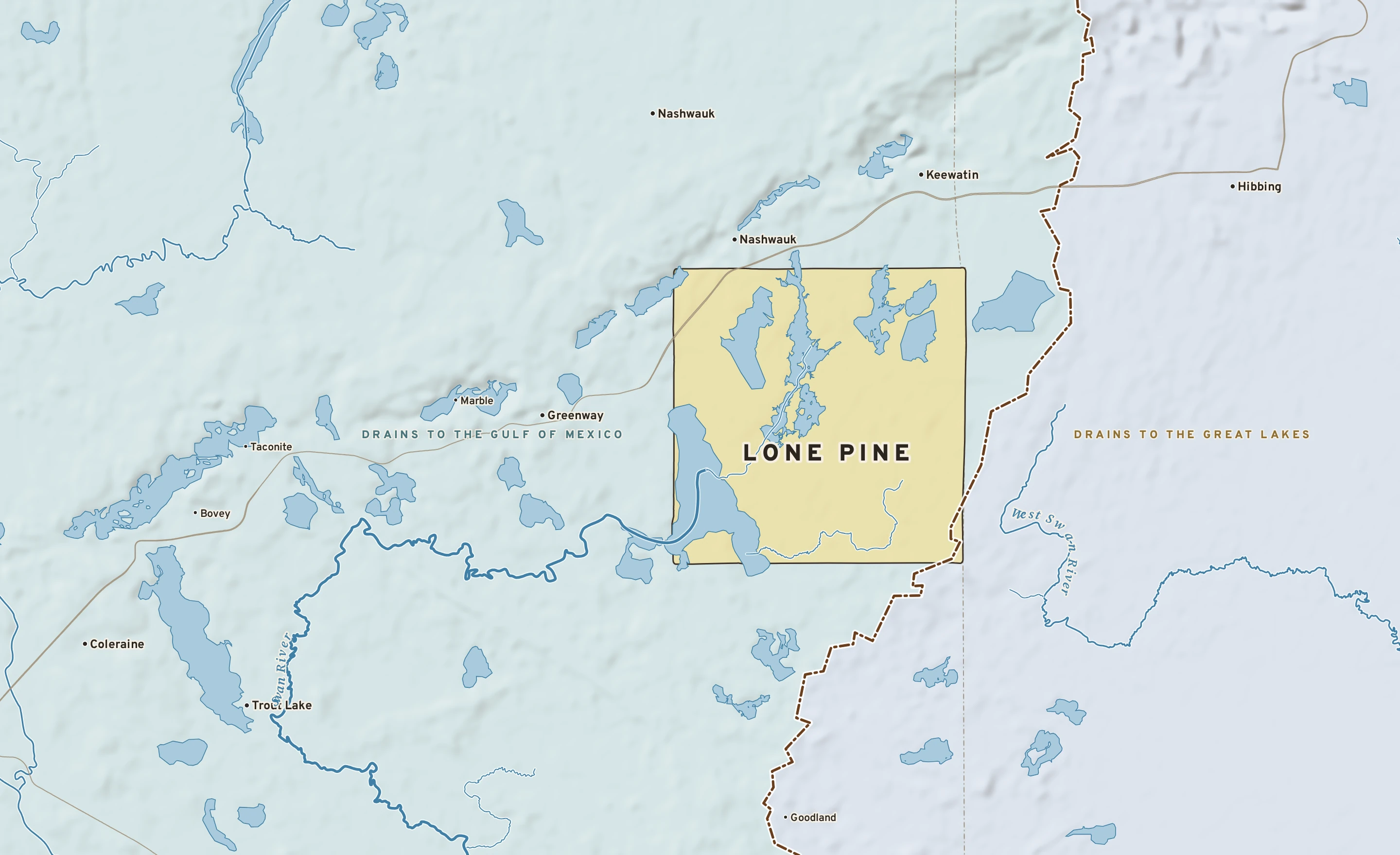 Shaded-relief atlas plate of Lone Pine, Minnesota: rivers, roads, the city limits and where the water drains.