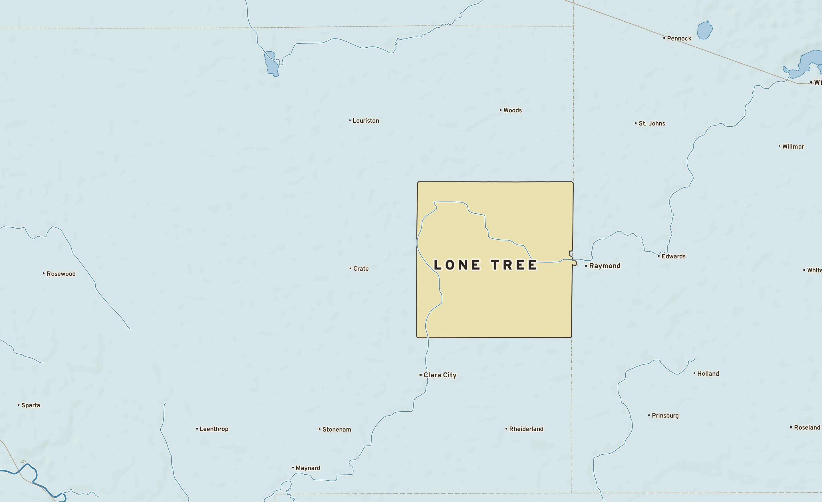 Shaded-relief atlas plate of Lone Tree, Minnesota: rivers, roads, the city limits and where the water drains.
