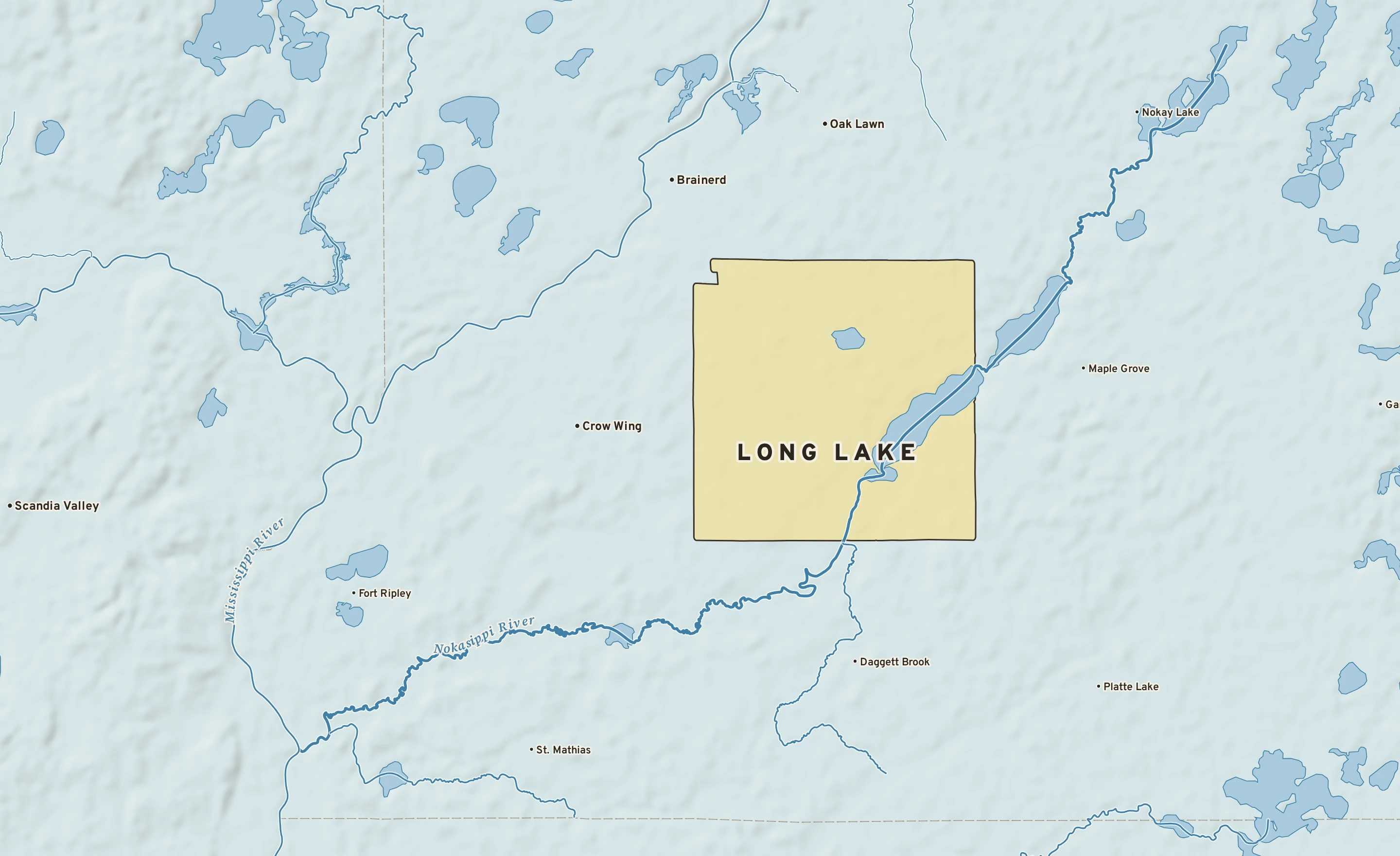 Shaded-relief atlas plate of Long Lake, Minnesota: rivers, roads, the city limits and where the water drains.