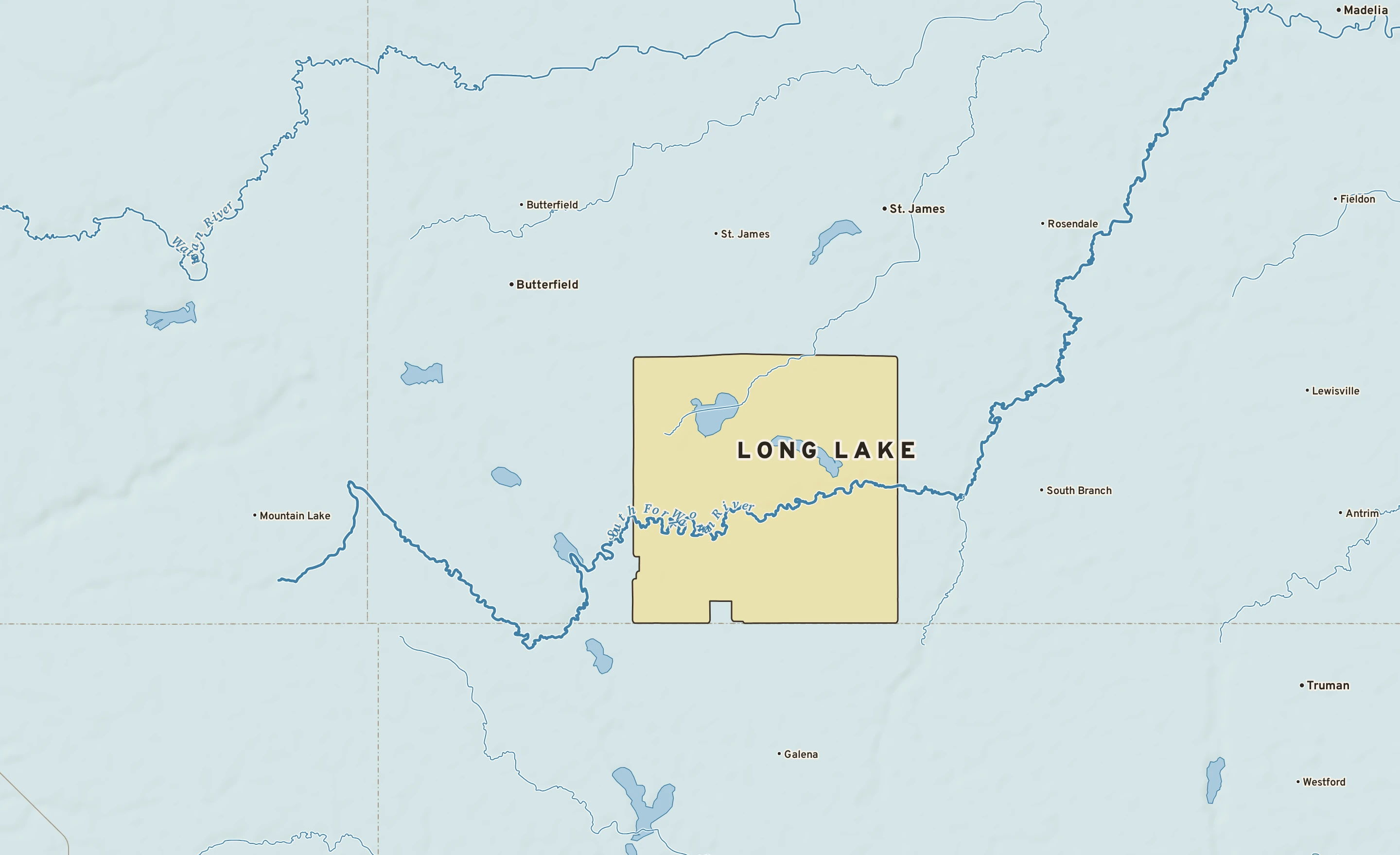 Shaded-relief atlas plate of Long Lake, Minnesota: rivers, roads, the city limits and where the water drains.