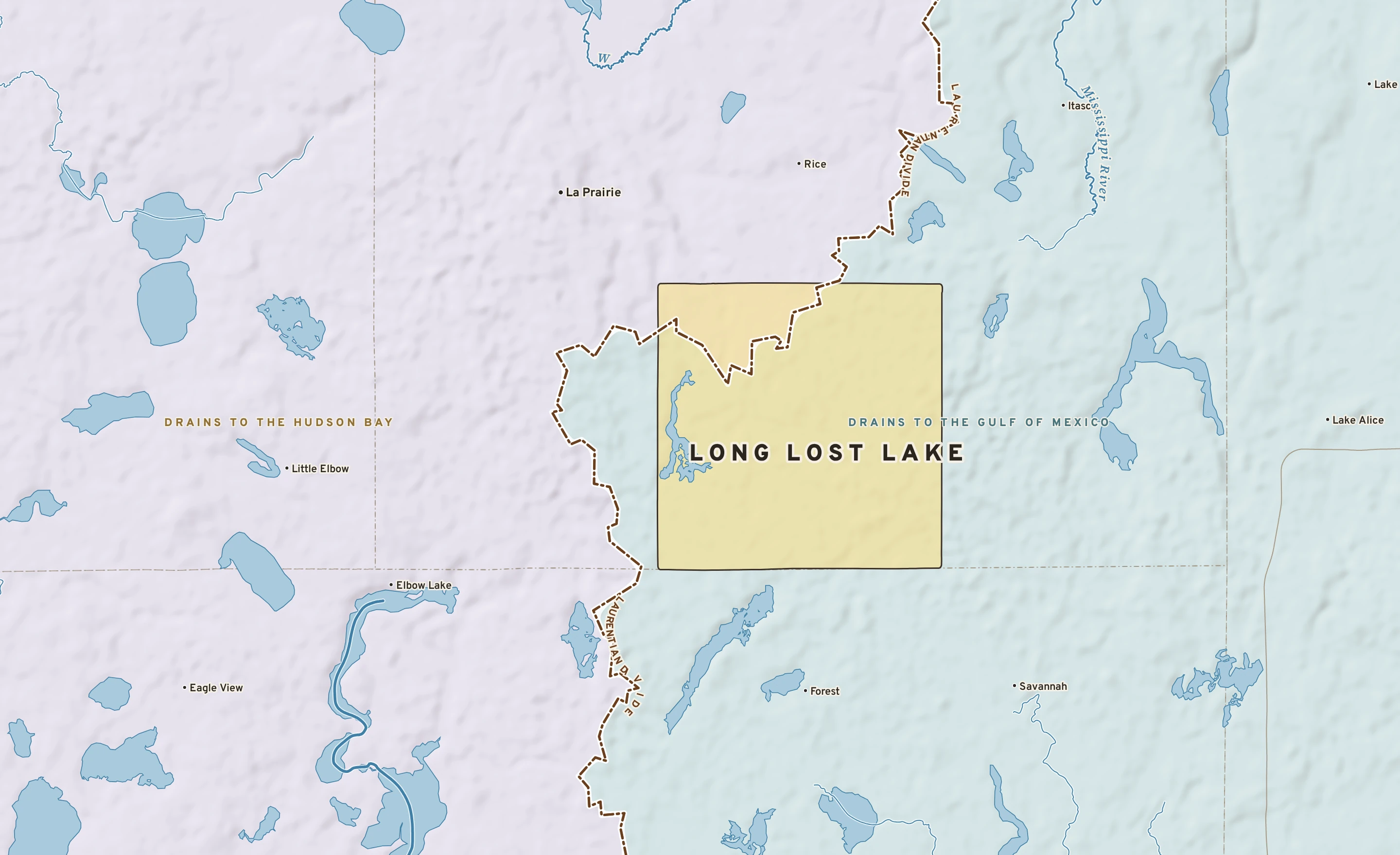 Shaded-relief atlas plate of Long Lost Lake, Minnesota: rivers, roads, the city limits and where the water drains.