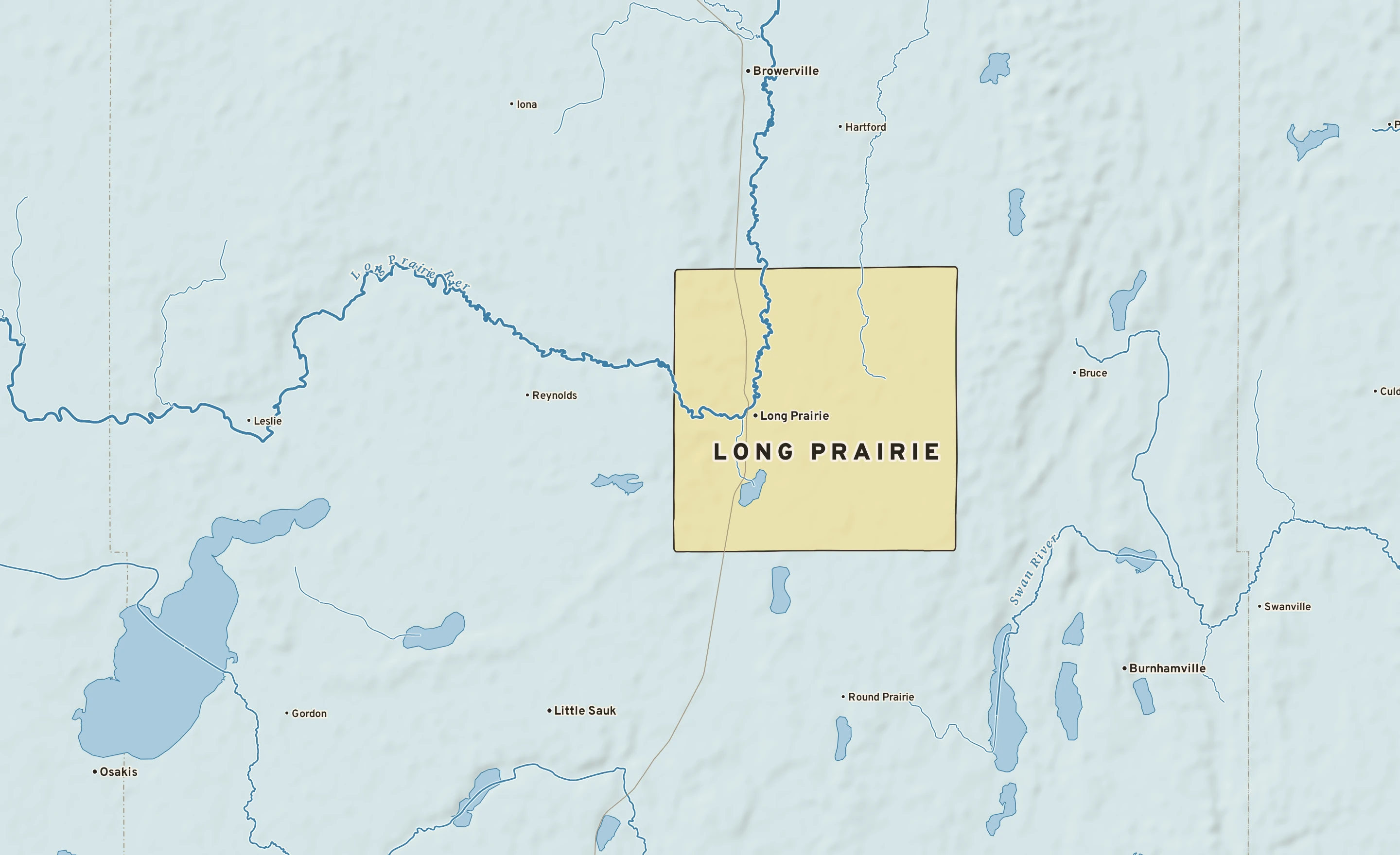 Shaded-relief atlas plate of Long Prairie, Minnesota: rivers, roads, the city limits and where the water drains.
