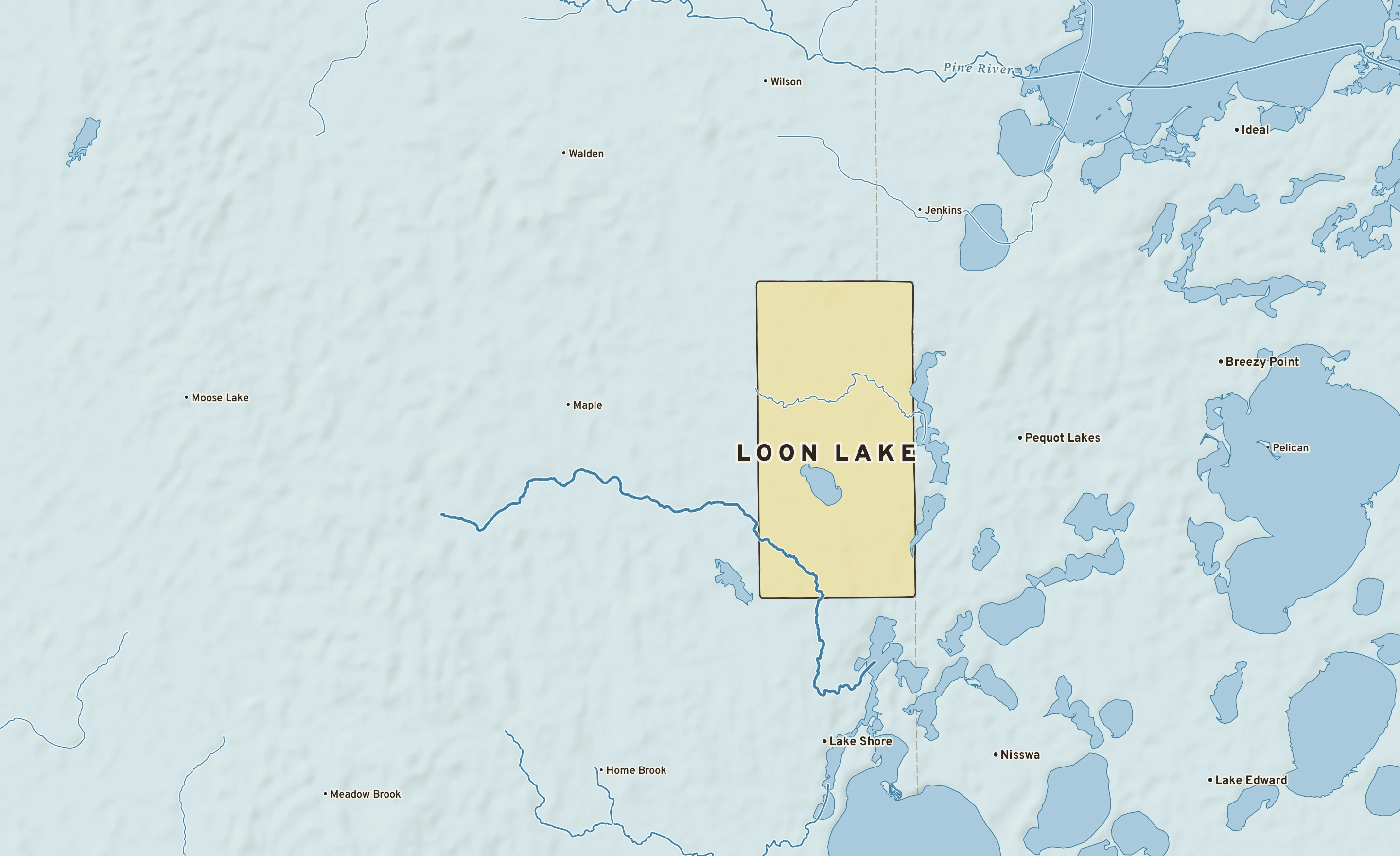 Shaded-relief atlas plate of Loon Lake, Minnesota: rivers, roads, the city limits and where the water drains.