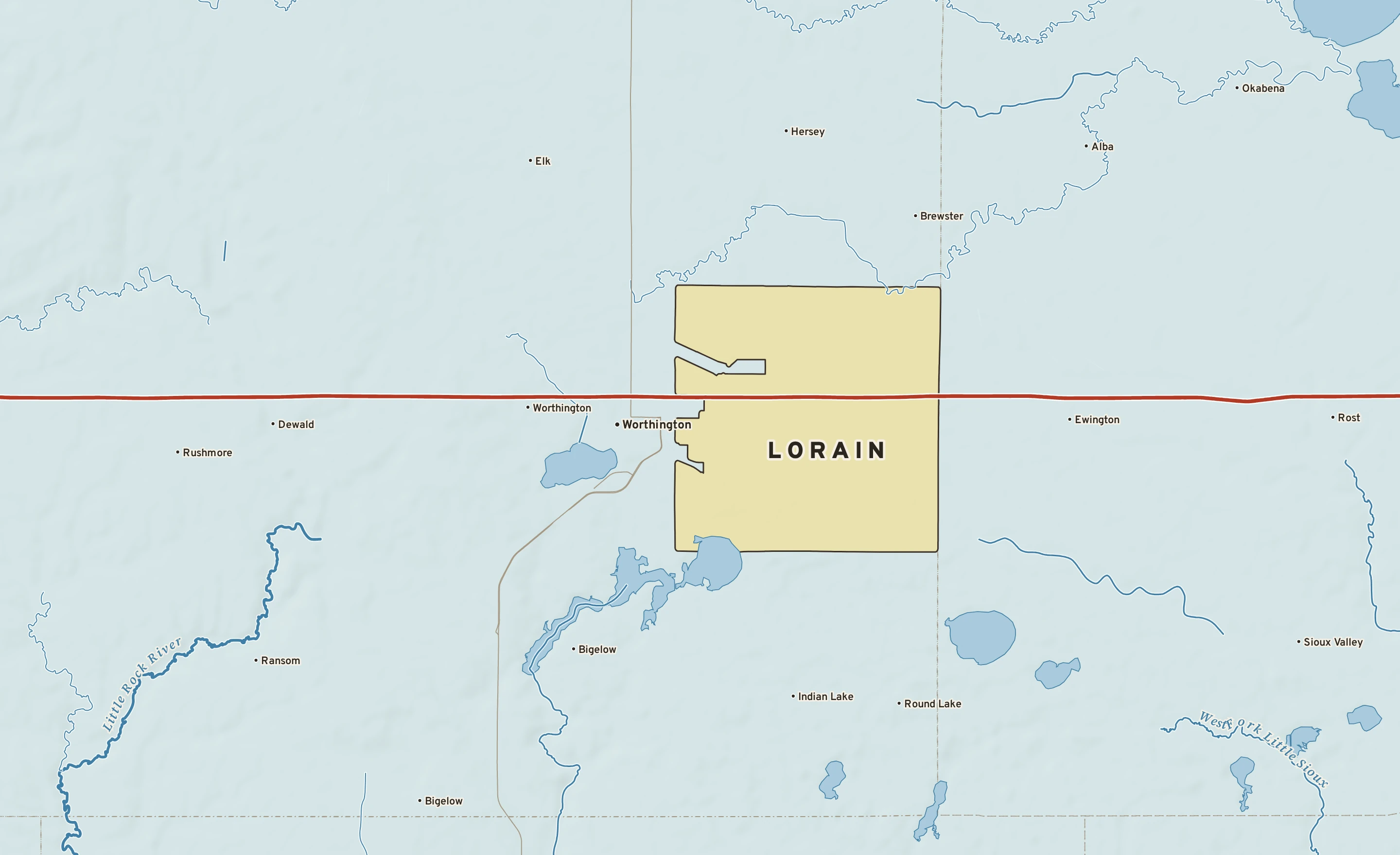 Shaded-relief atlas plate of Lorain, Minnesota: rivers, roads, the city limits and where the water drains.