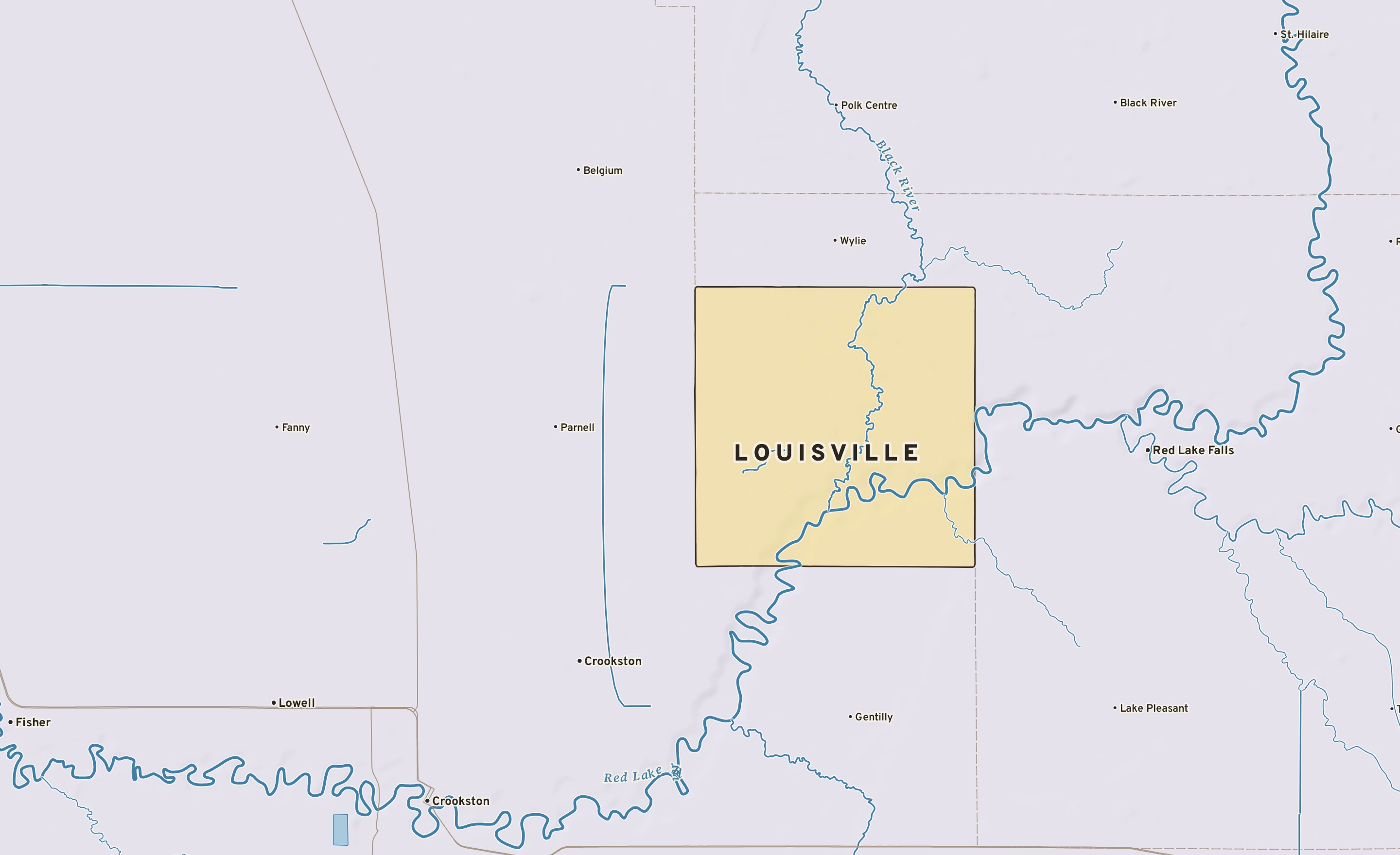 Shaded-relief atlas plate of Louisville, Minnesota: rivers, roads, the city limits and where the water drains.