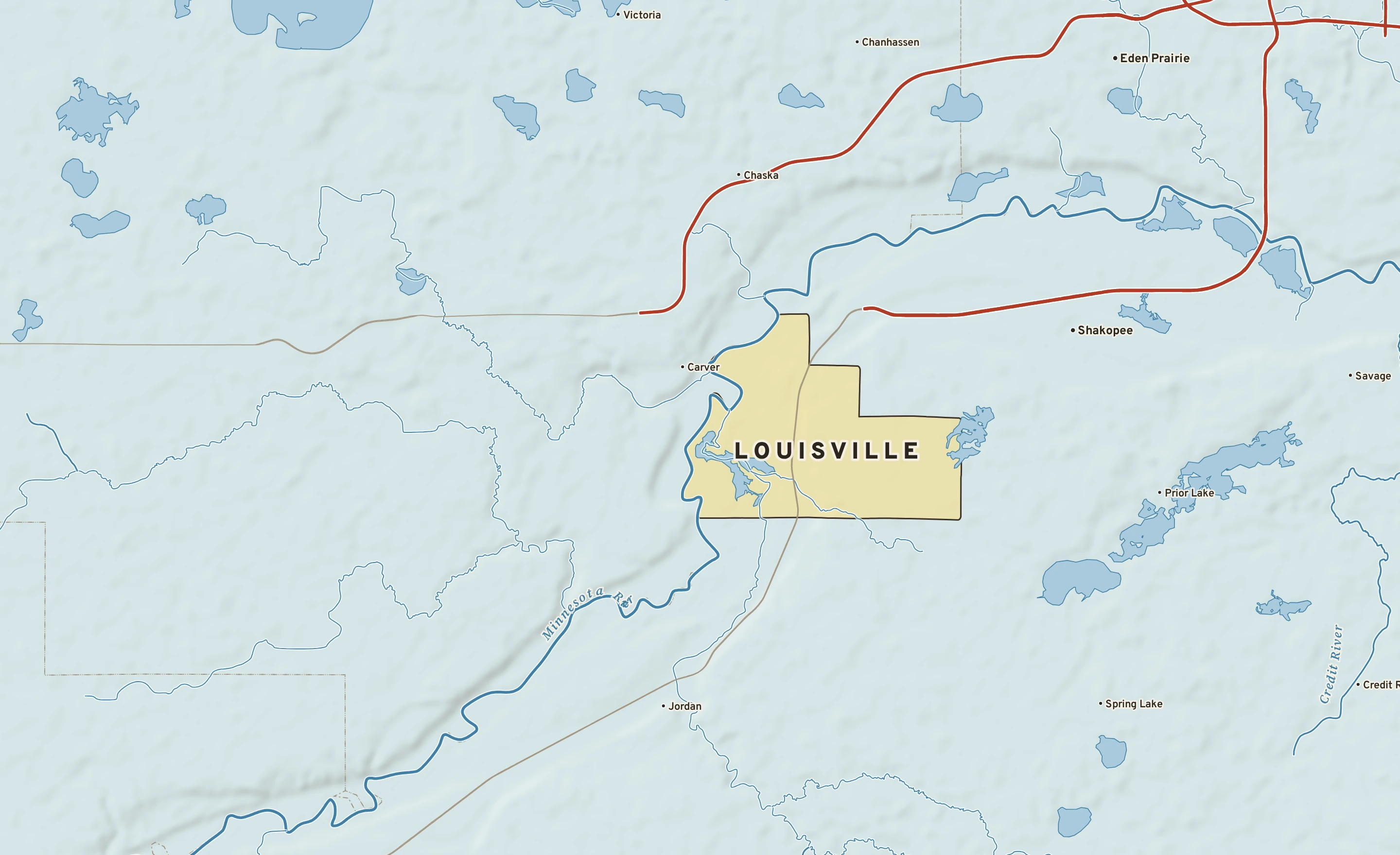 Shaded-relief atlas plate of Louisville, Minnesota: rivers, roads, the city limits and where the water drains.