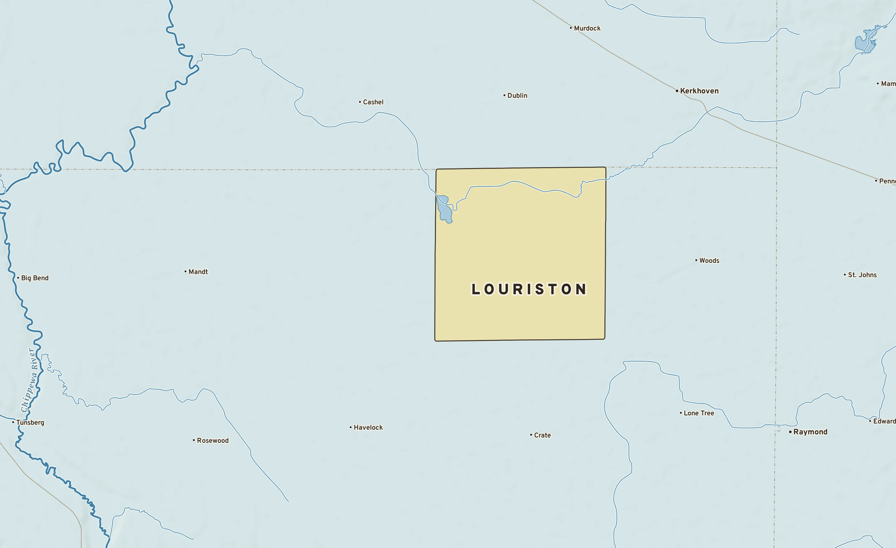 Shaded-relief atlas plate of Louriston, Minnesota: rivers, roads, the city limits and where the water drains.