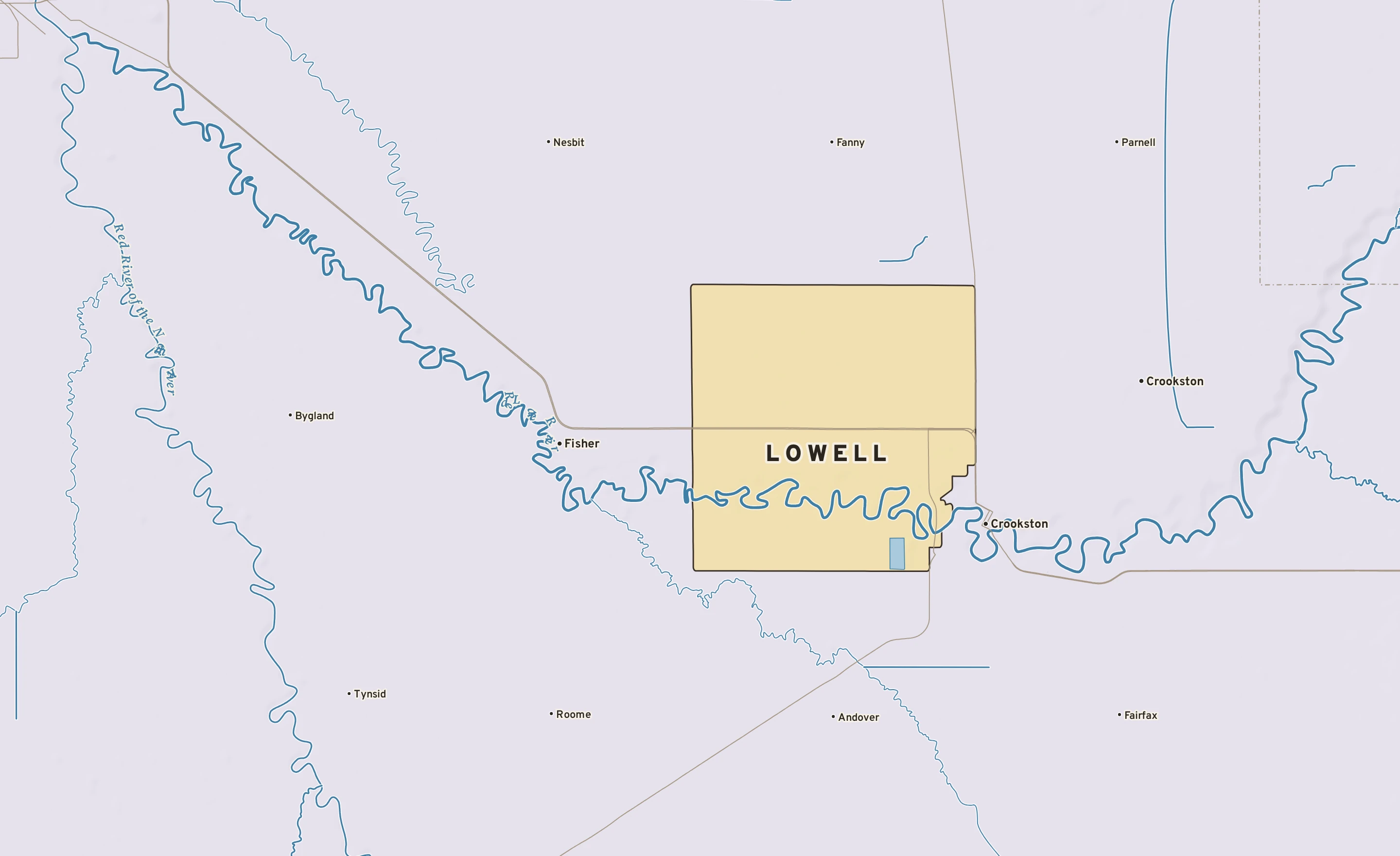 Shaded-relief atlas plate of Lowell, Minnesota: rivers, roads, the city limits and where the water drains.