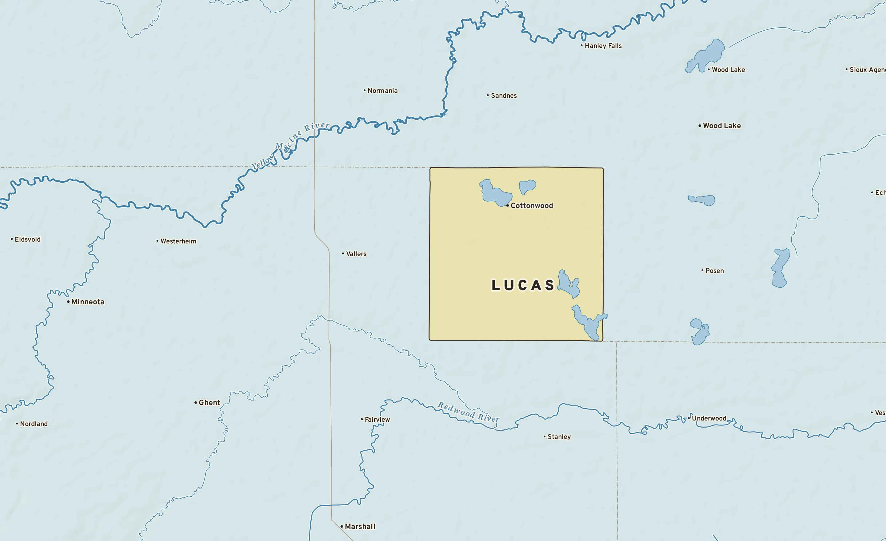 Shaded-relief atlas plate of Lucas, Minnesota: rivers, roads, the city limits and where the water drains.