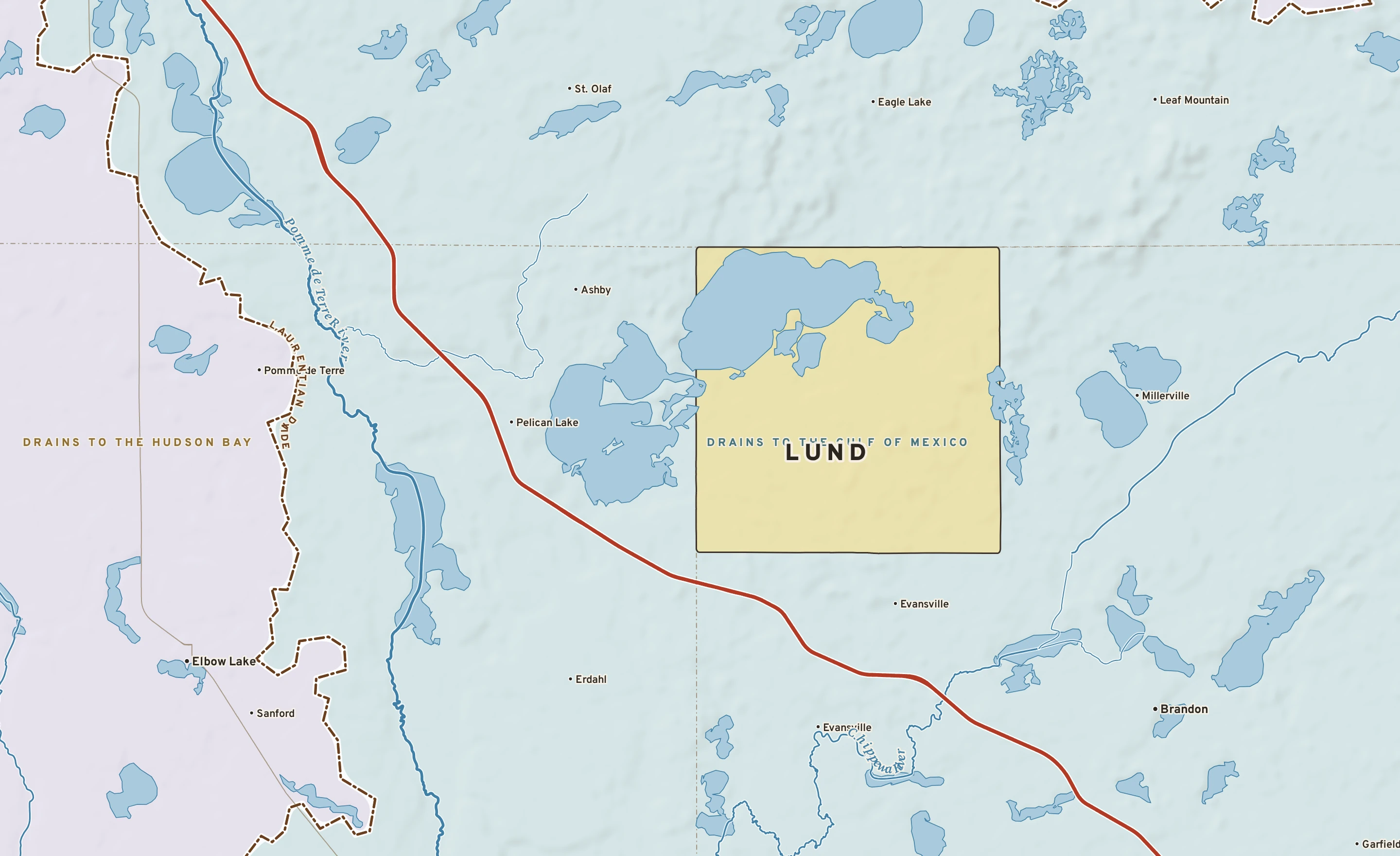 Shaded-relief atlas plate of Lund, Minnesota: rivers, roads, the city limits and where the water drains.