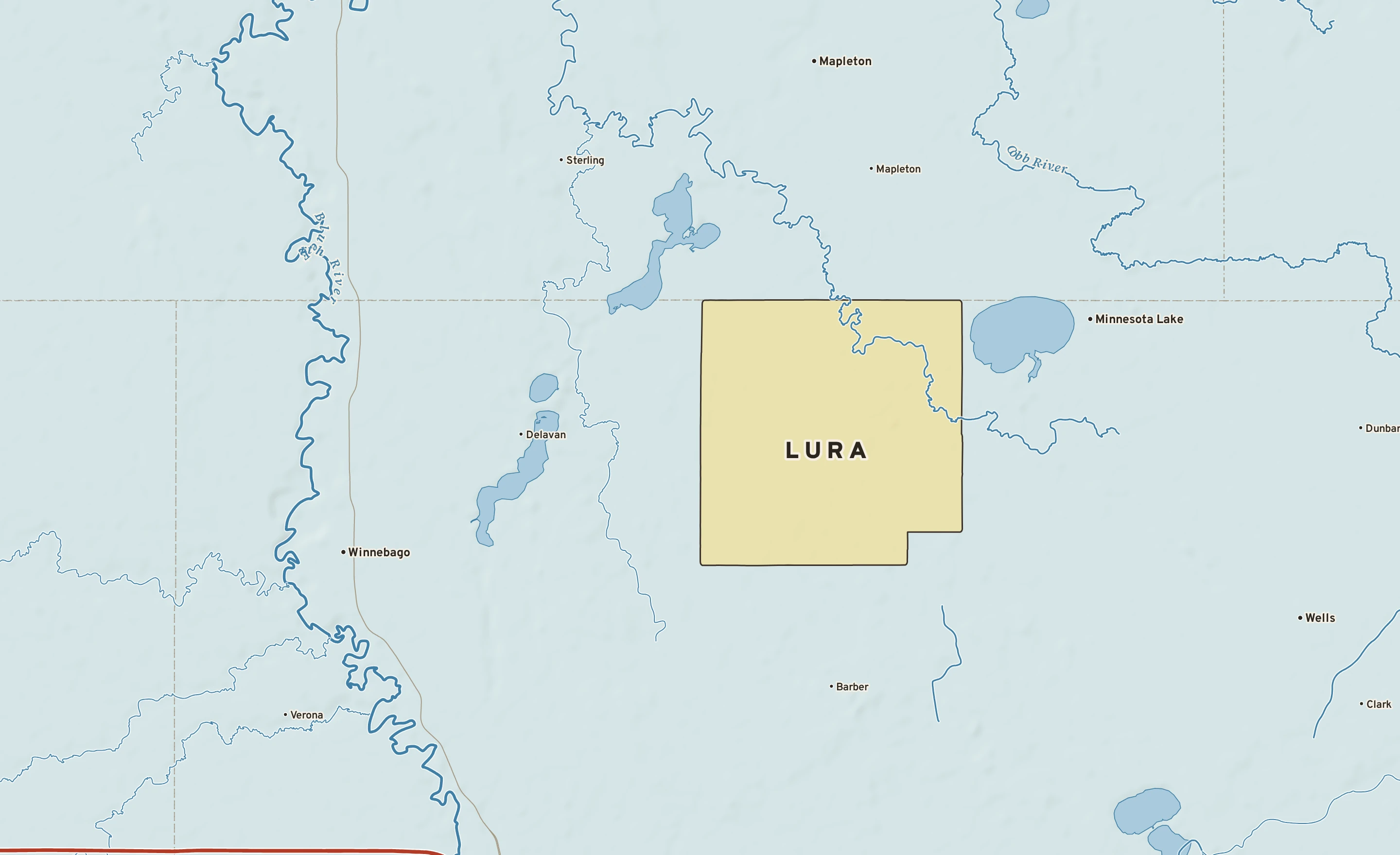 Shaded-relief atlas plate of Lura, Minnesota: rivers, roads, the city limits and where the water drains.
