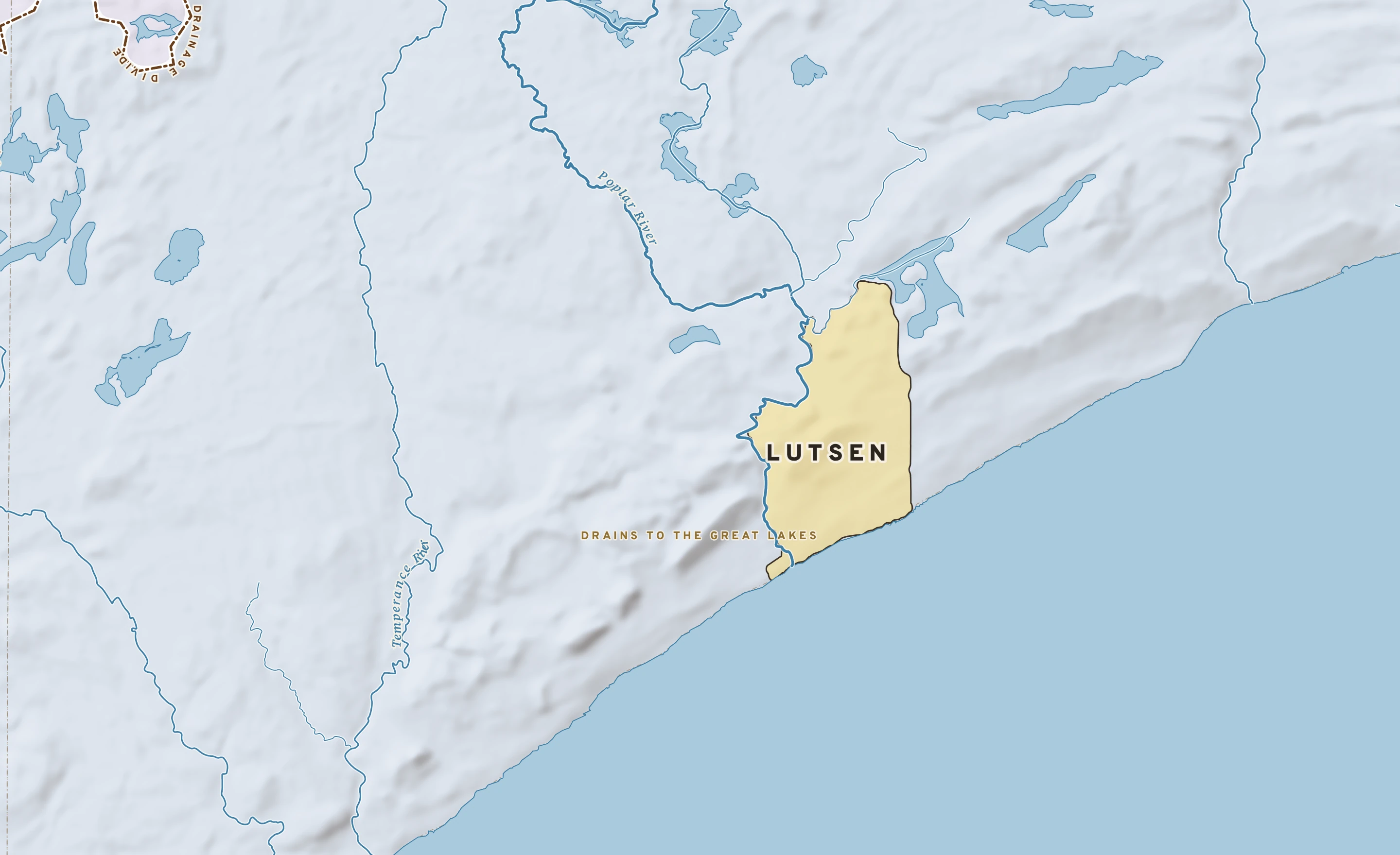 Shaded-relief atlas plate of Lutsen, Minnesota: rivers, roads, the city limits and where the water drains.