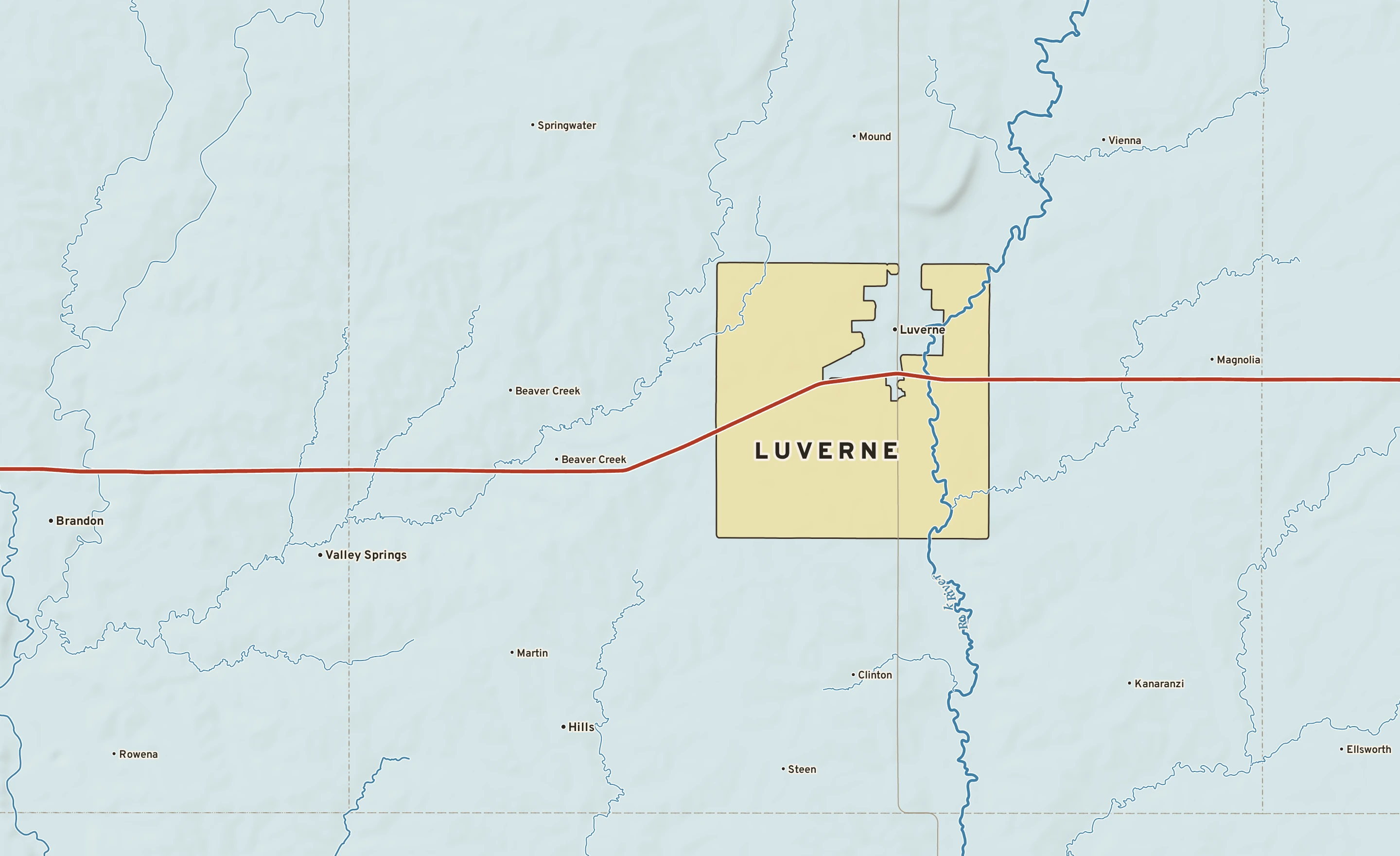 Shaded-relief atlas plate of Luverne, Minnesota: rivers, roads, the city limits and where the water drains.