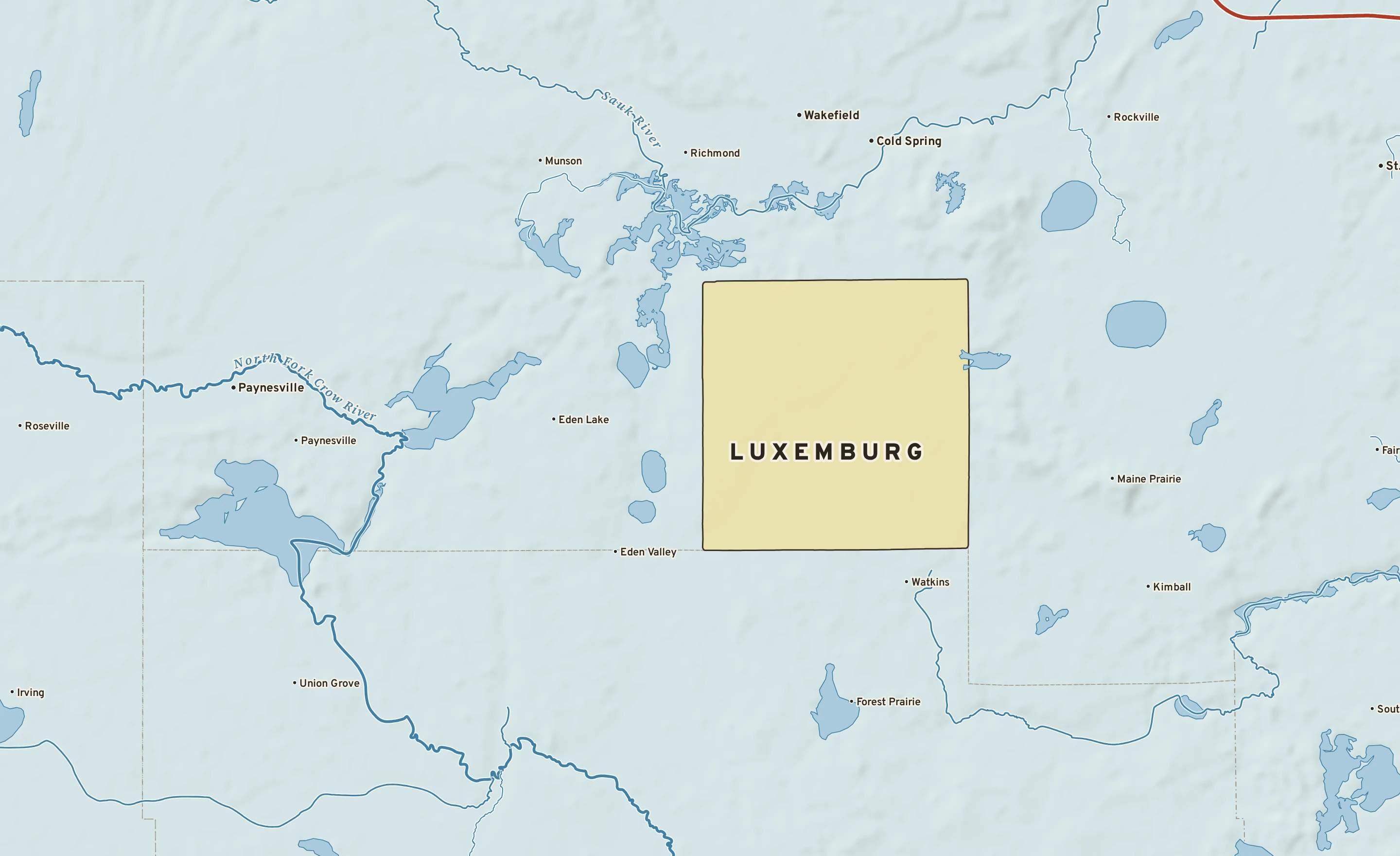 Shaded-relief atlas plate of Luxemburg, Minnesota: rivers, roads, the city limits and where the water drains.