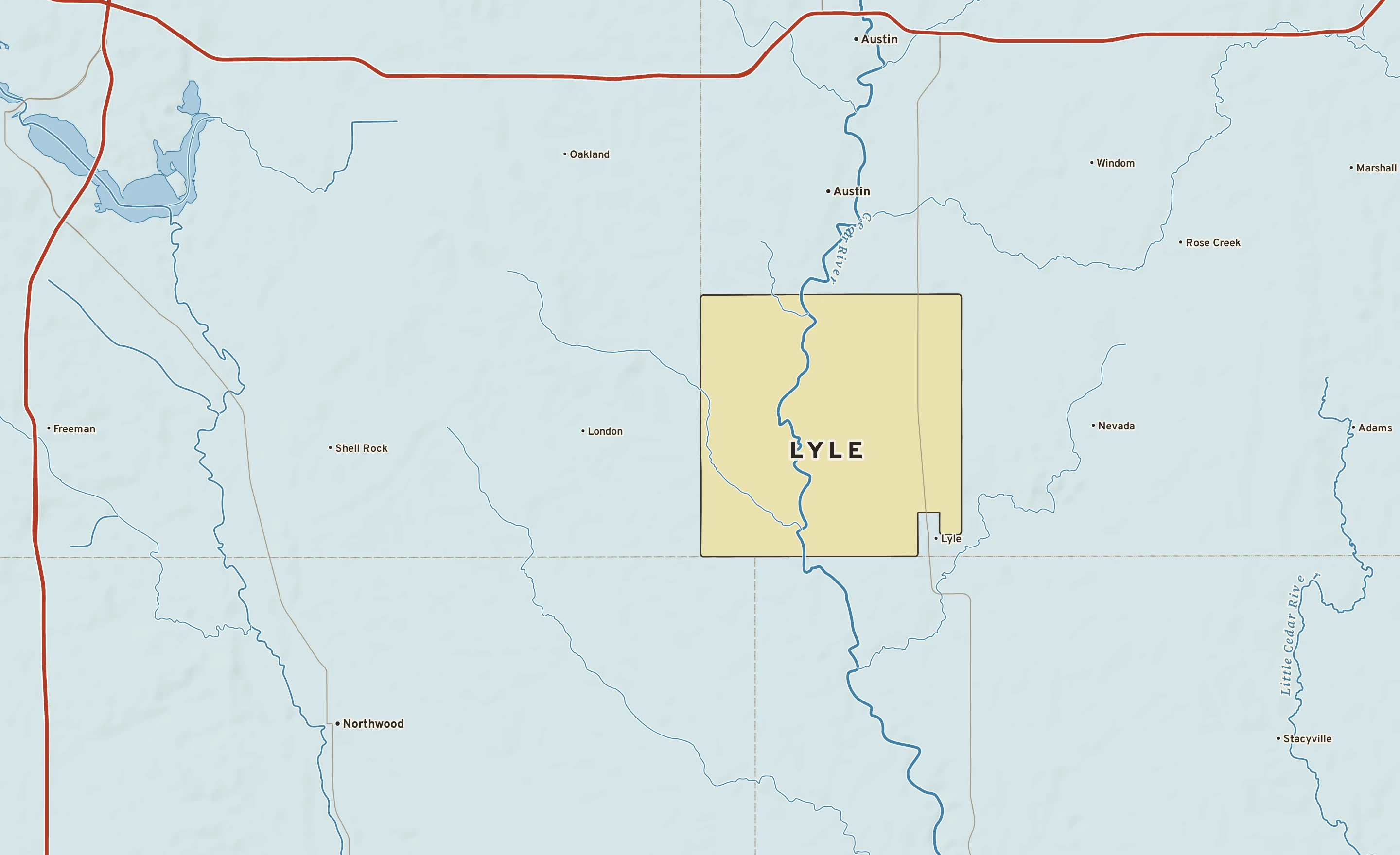 Shaded-relief atlas plate of Lyle, Minnesota: rivers, roads, the city limits and where the water drains.