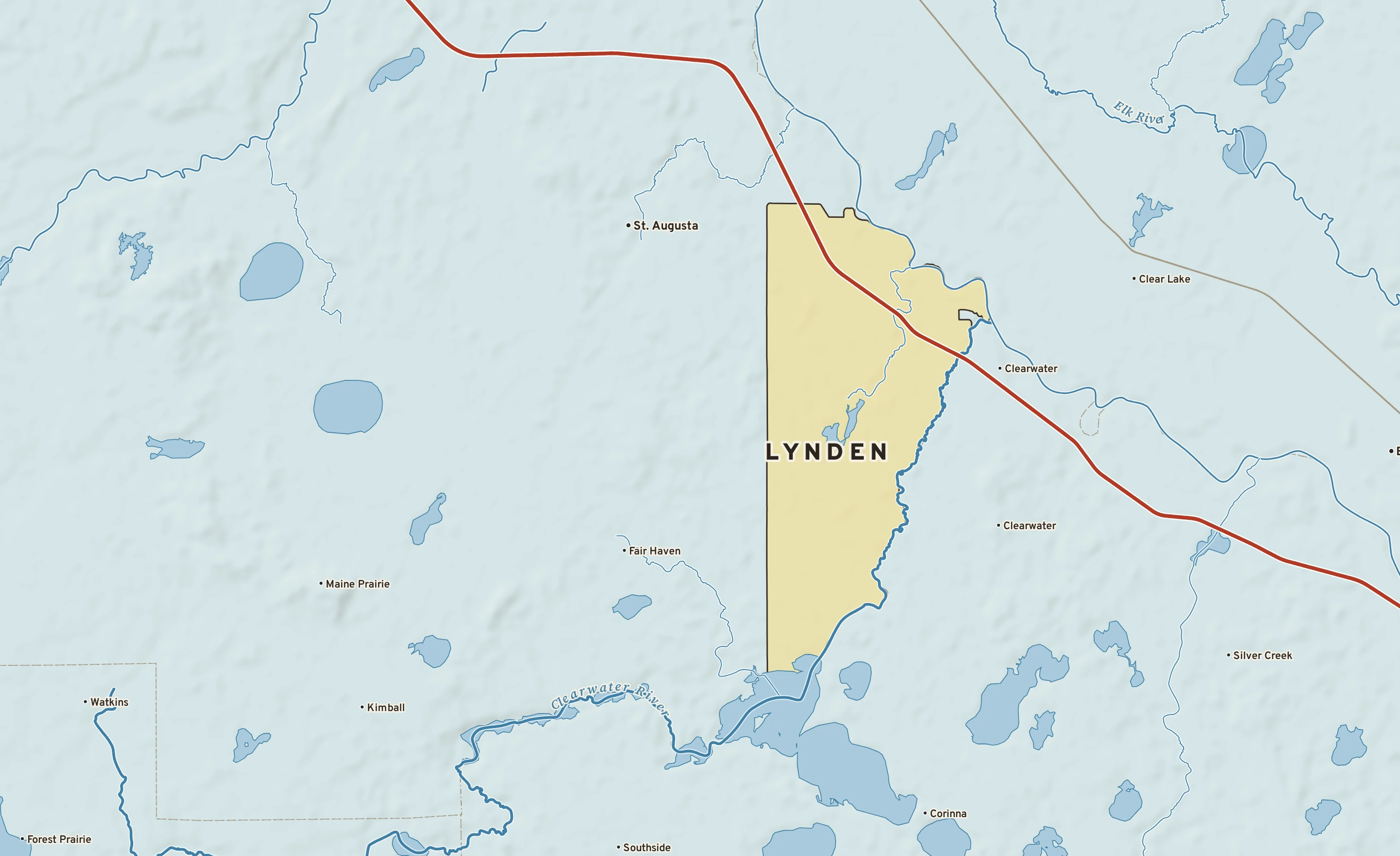 Shaded-relief atlas plate of Lynden, Minnesota: rivers, roads, the city limits and where the water drains.