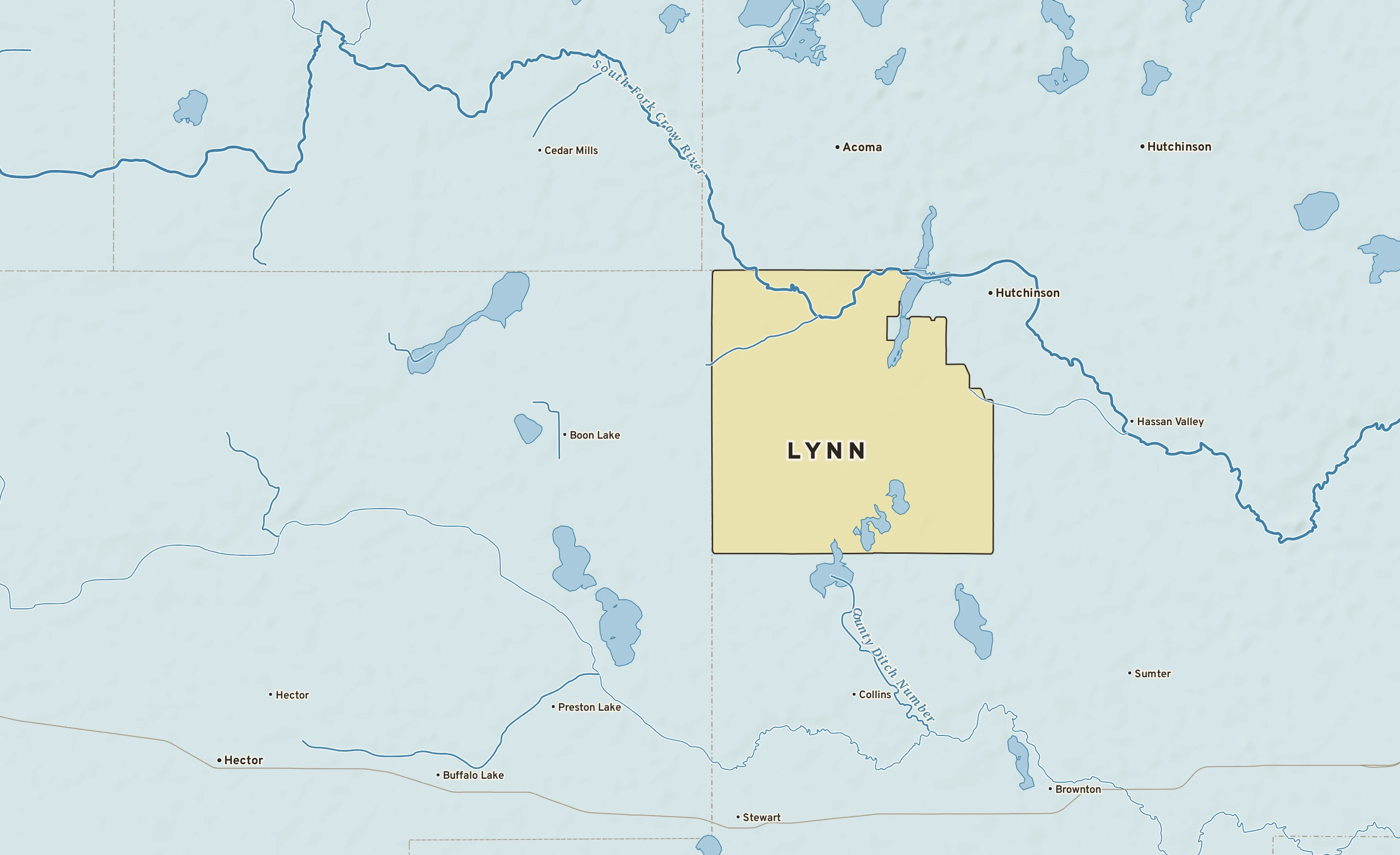 Shaded-relief atlas plate of Lynn, Minnesota: rivers, roads, the city limits and where the water drains.