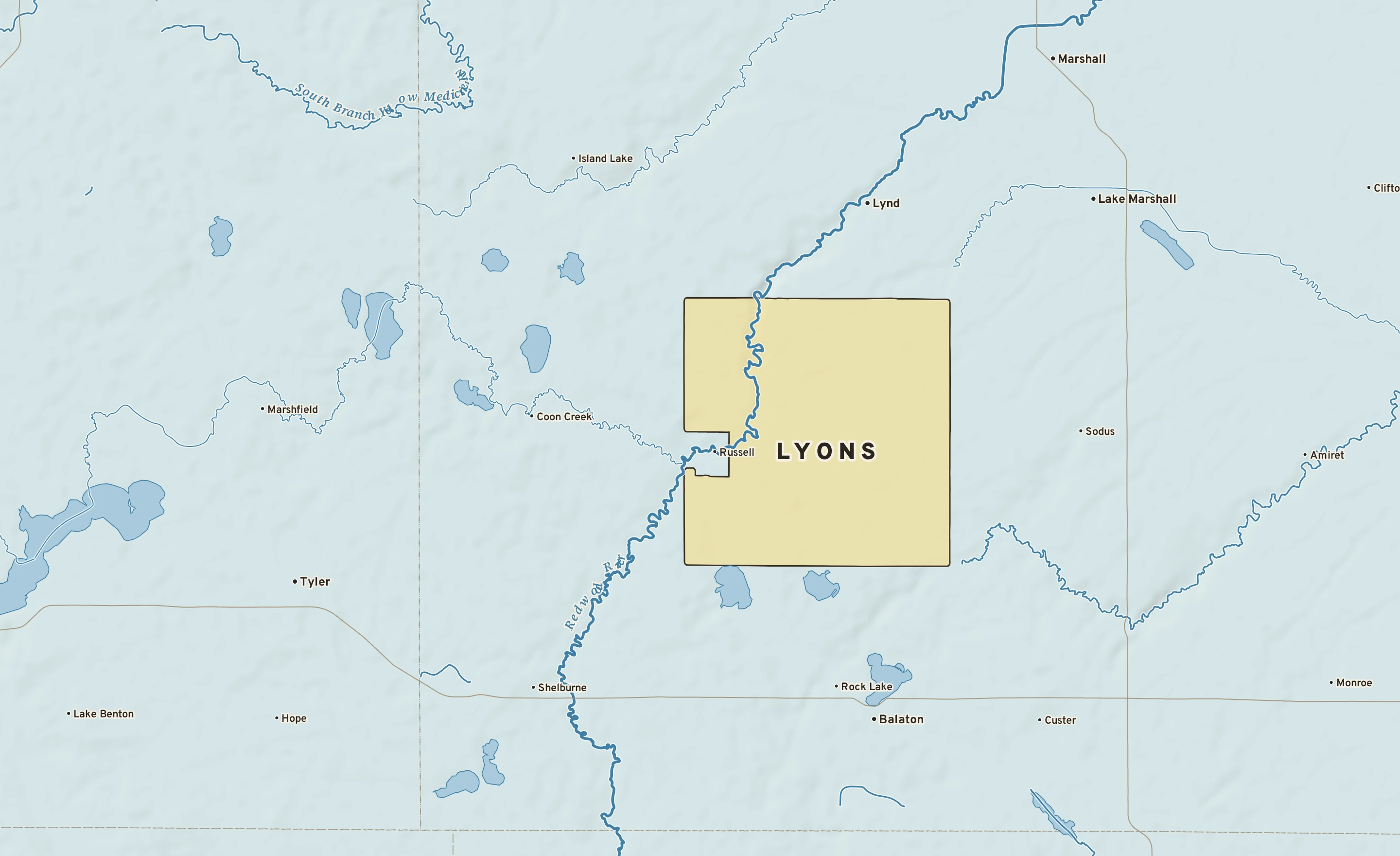 Shaded-relief atlas plate of Lyons, Minnesota: rivers, roads, the city limits and where the water drains.