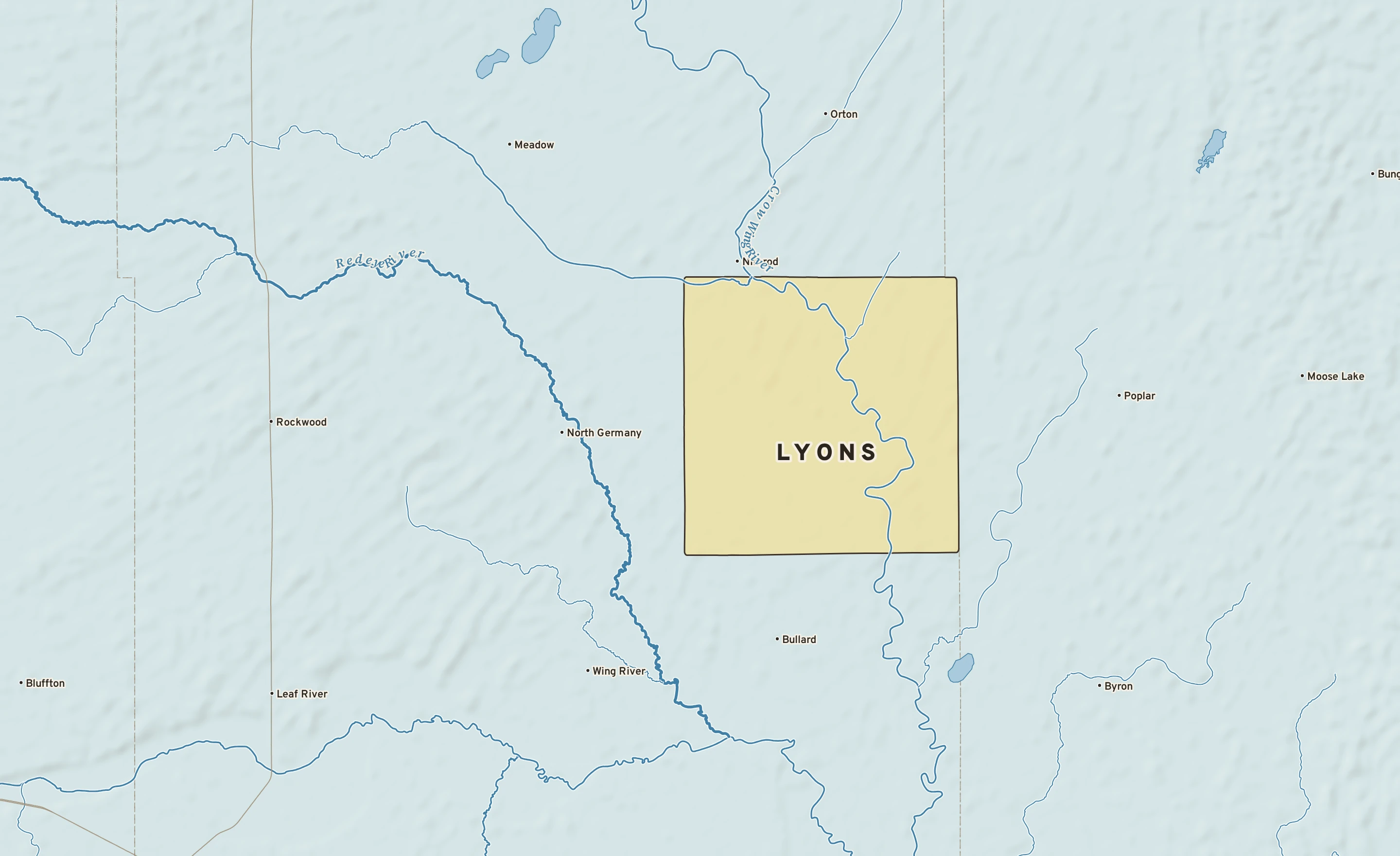 Shaded-relief atlas plate of Lyons, Minnesota: rivers, roads, the city limits and where the water drains.