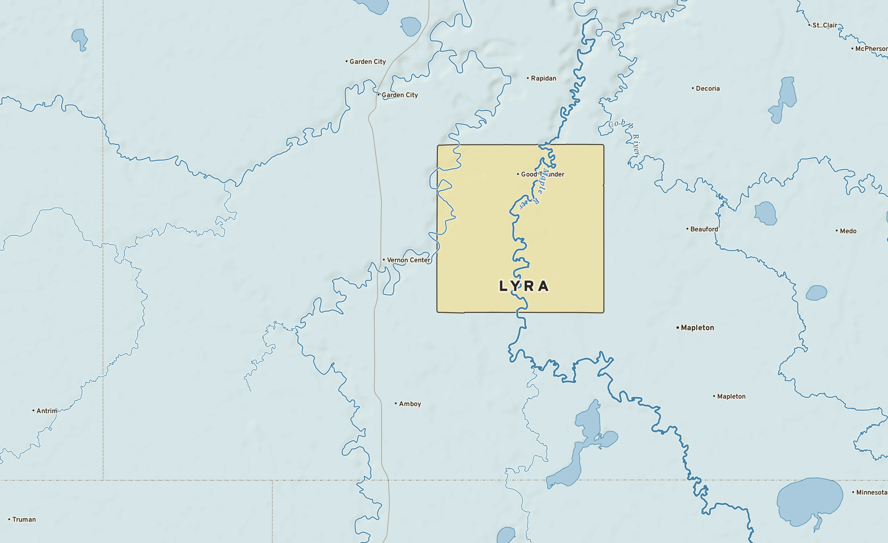 Shaded-relief atlas plate of Lyra, Minnesota: rivers, roads, the city limits and where the water drains.