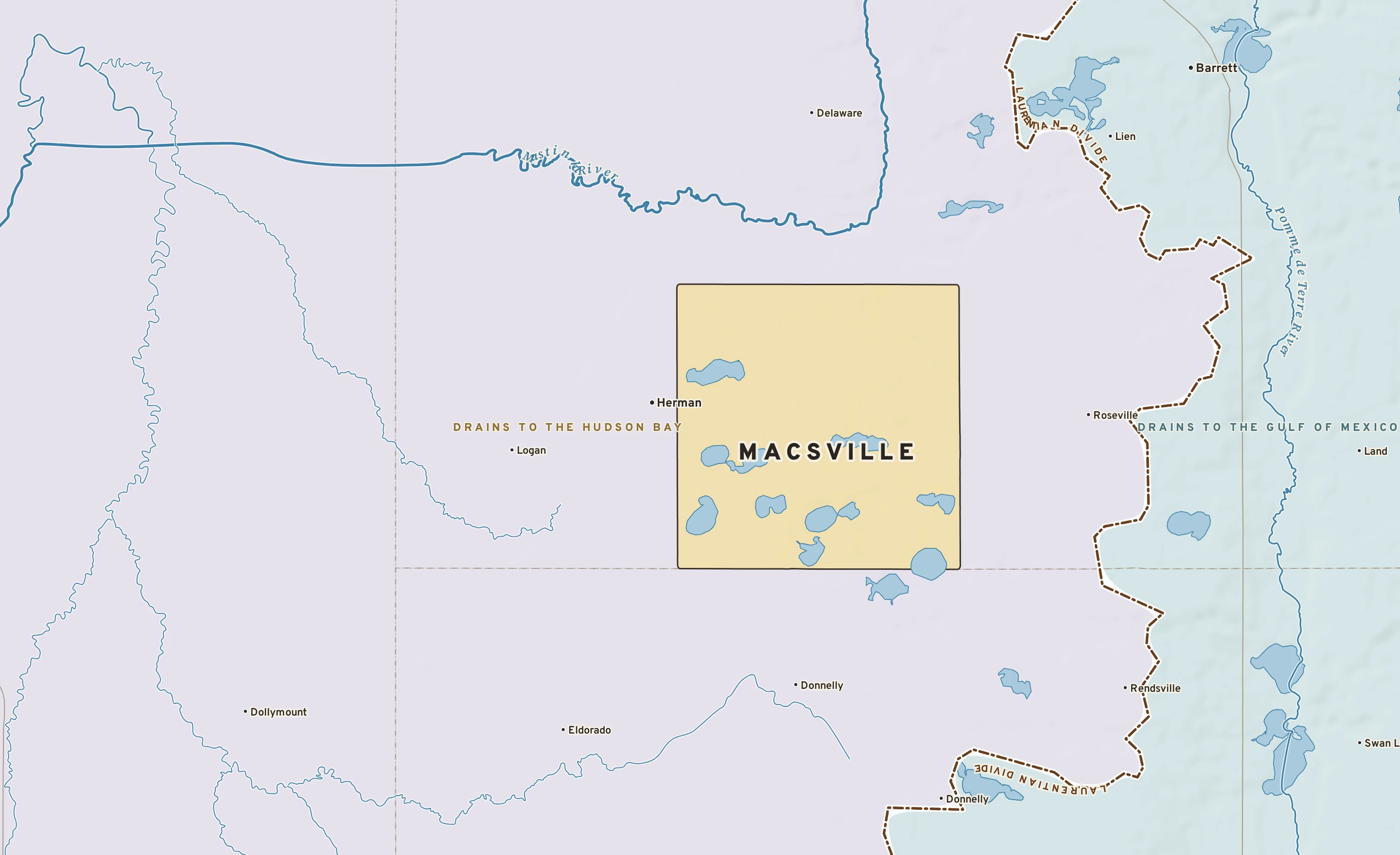 Shaded-relief atlas plate of Macsville, Minnesota: rivers, roads, the city limits and where the water drains.