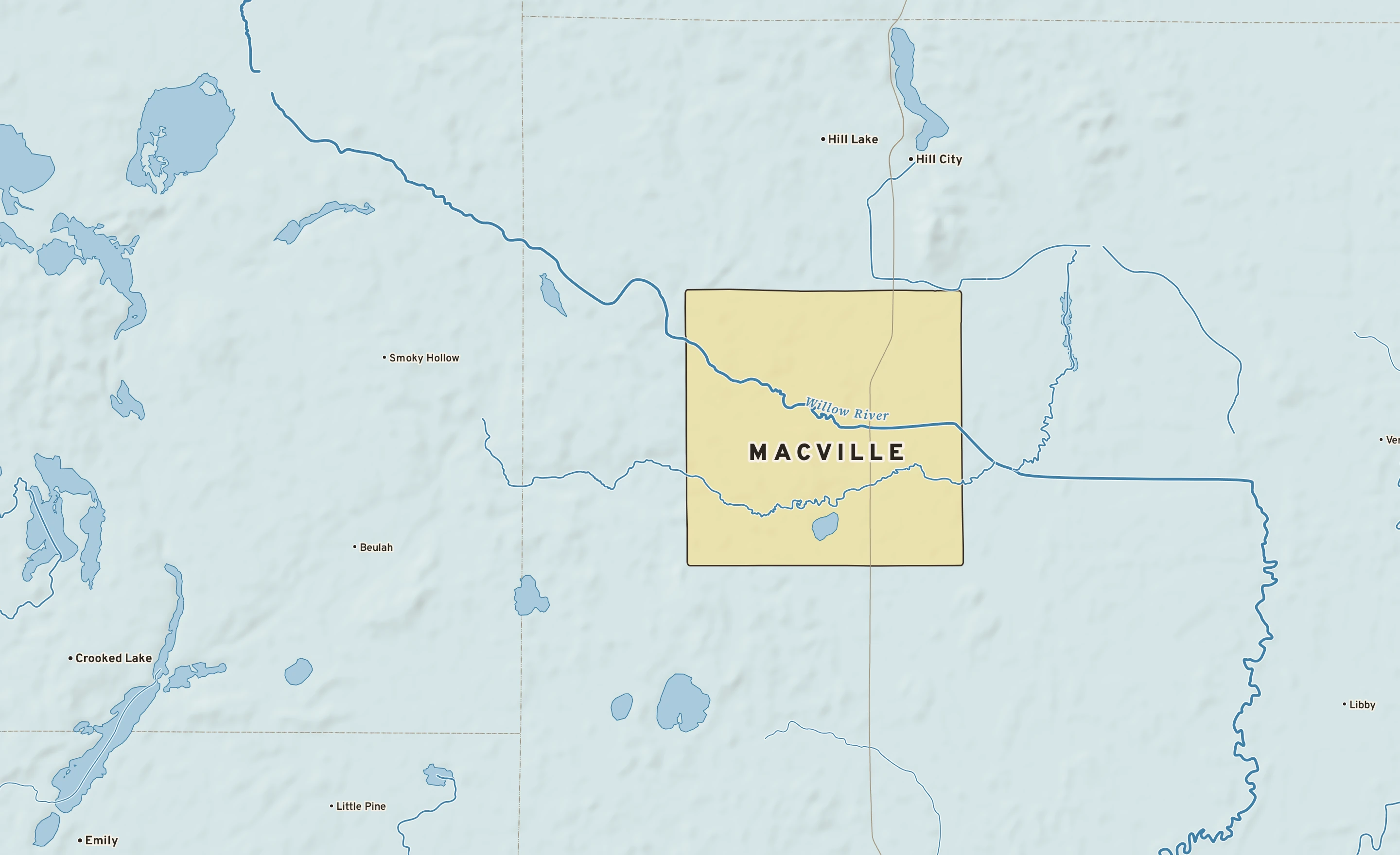 Shaded-relief atlas plate of Macville, Minnesota: rivers, roads, the city limits and where the water drains.